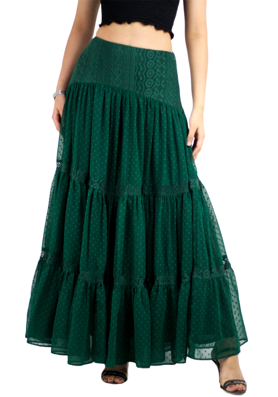 Women Boho High Waist A Line Flowy Swing Layered Yoke Maxi Skirt