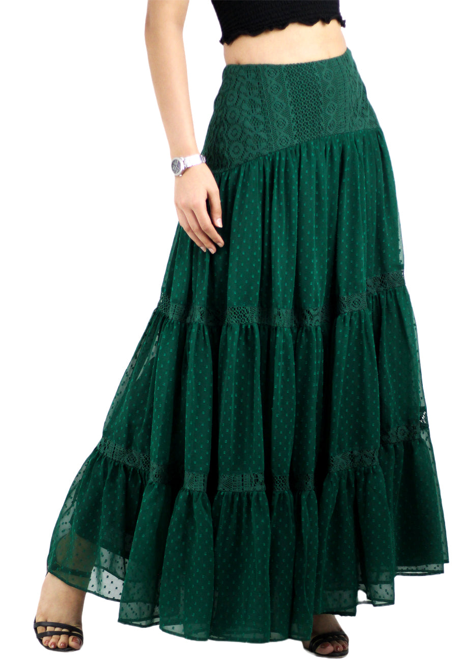 Women Boho High Waist A Line Flowy Swing Layered Yoke Maxi Skirt