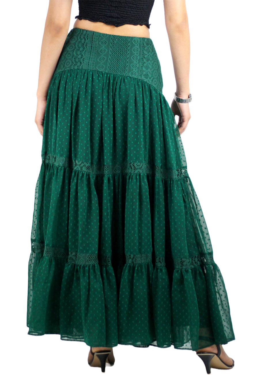 Women Boho High Waist A Line Flowy Swing Layered Yoke Maxi Skirt