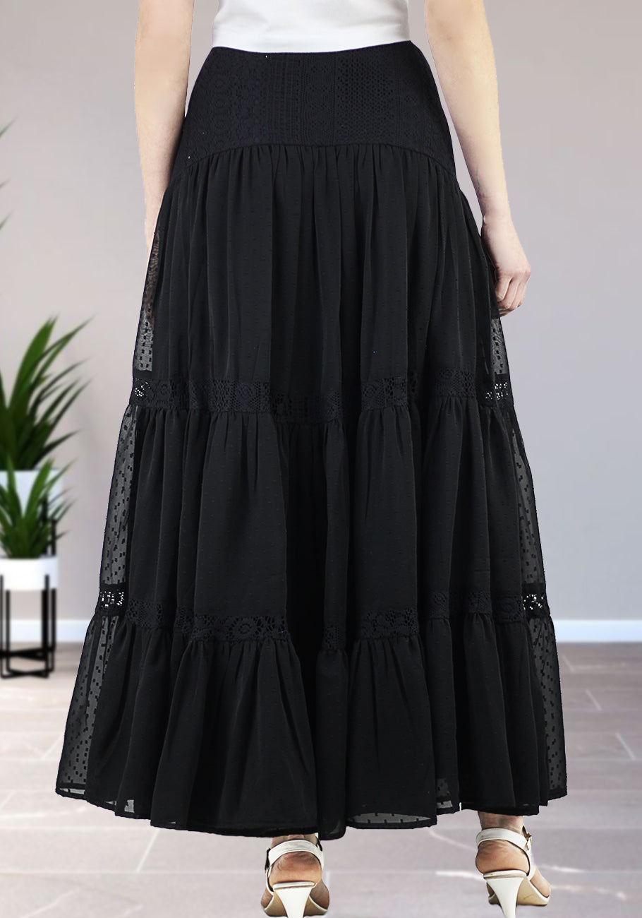 Women Boho High Waist A Line Flowy Swing Layered Yoke Maxi Skirt