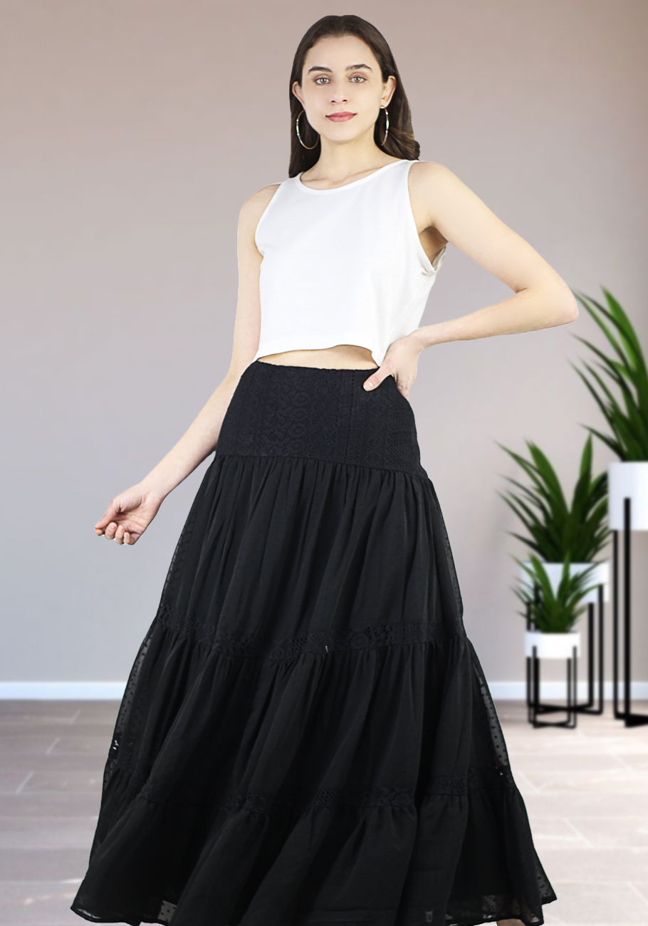 Women Boho High Waist A Line Flowy Swing Layered Yoke Maxi Skirt