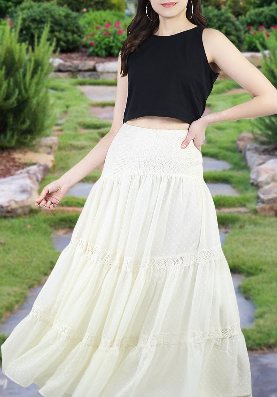 Women Boho High Waist A Line Flowy Swing Layered Yoke Maxi Skirt