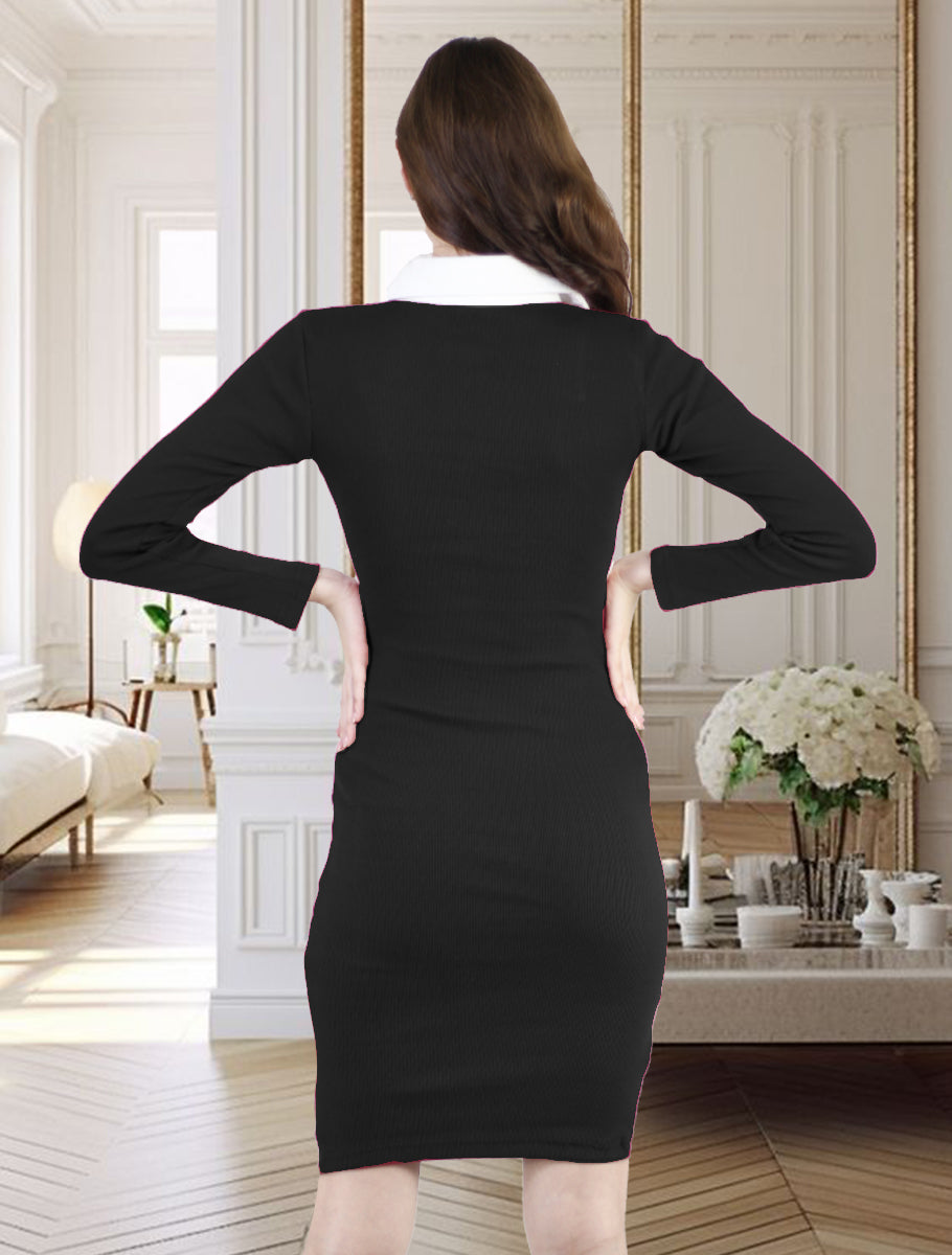 Artyska Women Long Sleeve V Neck Ribbed Knit Color Block Knee Length Bodycon Cocktail Party Dress