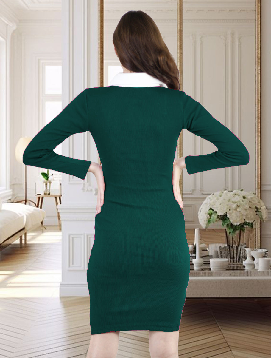 Artyska Women Long Sleeve V Neck Ribbed Knit Color Block Knee Length Bodycon Cocktail Party Dress