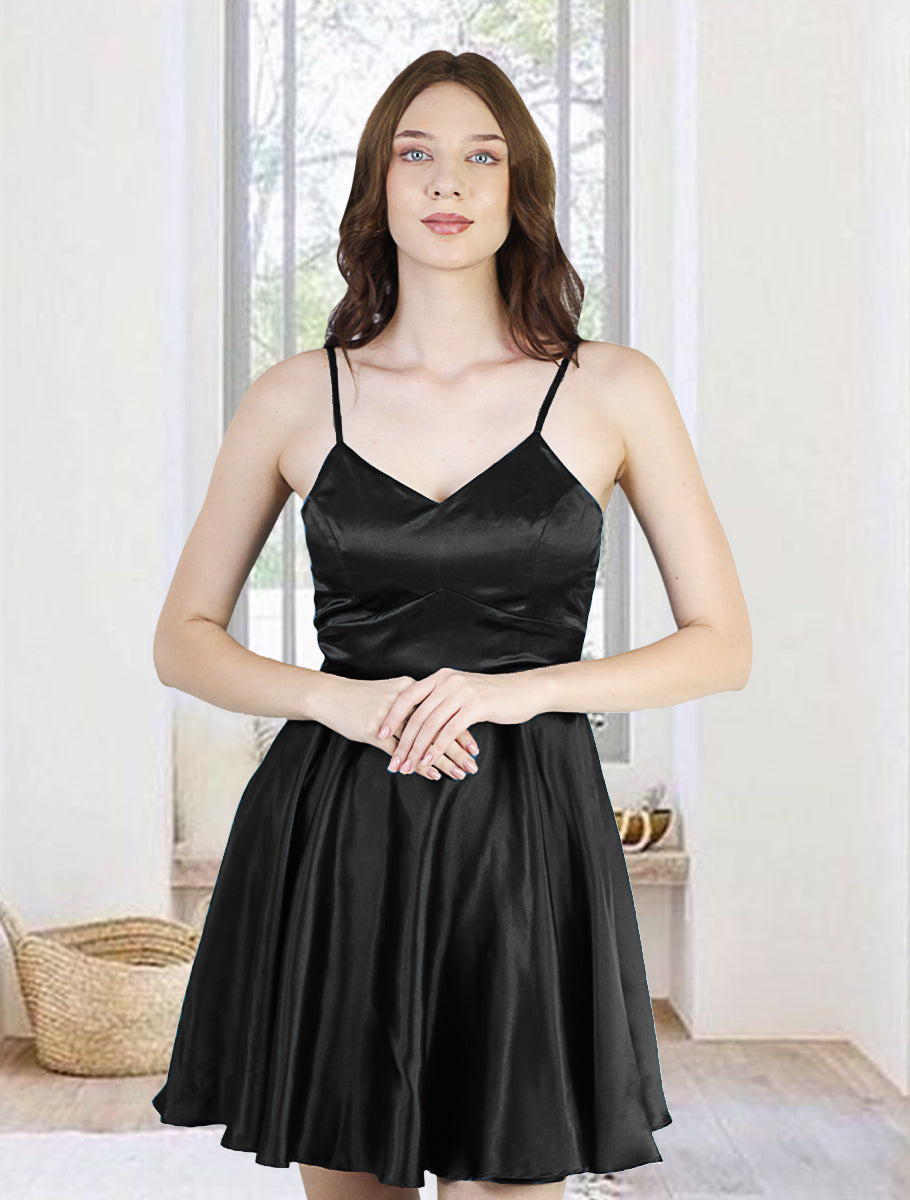 Artyska Women Formal Satin Spaghetti Strap Sleeveless Deep V Neck A Line Swing Skater Cocktail Party Mini Dress