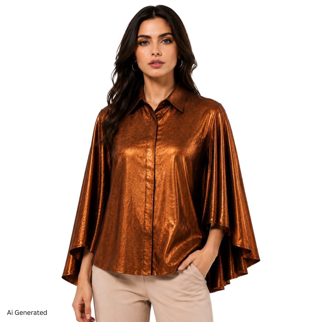 Artyska Women’s Metallic Jacquard Cape Sleeve Button Front Blouse