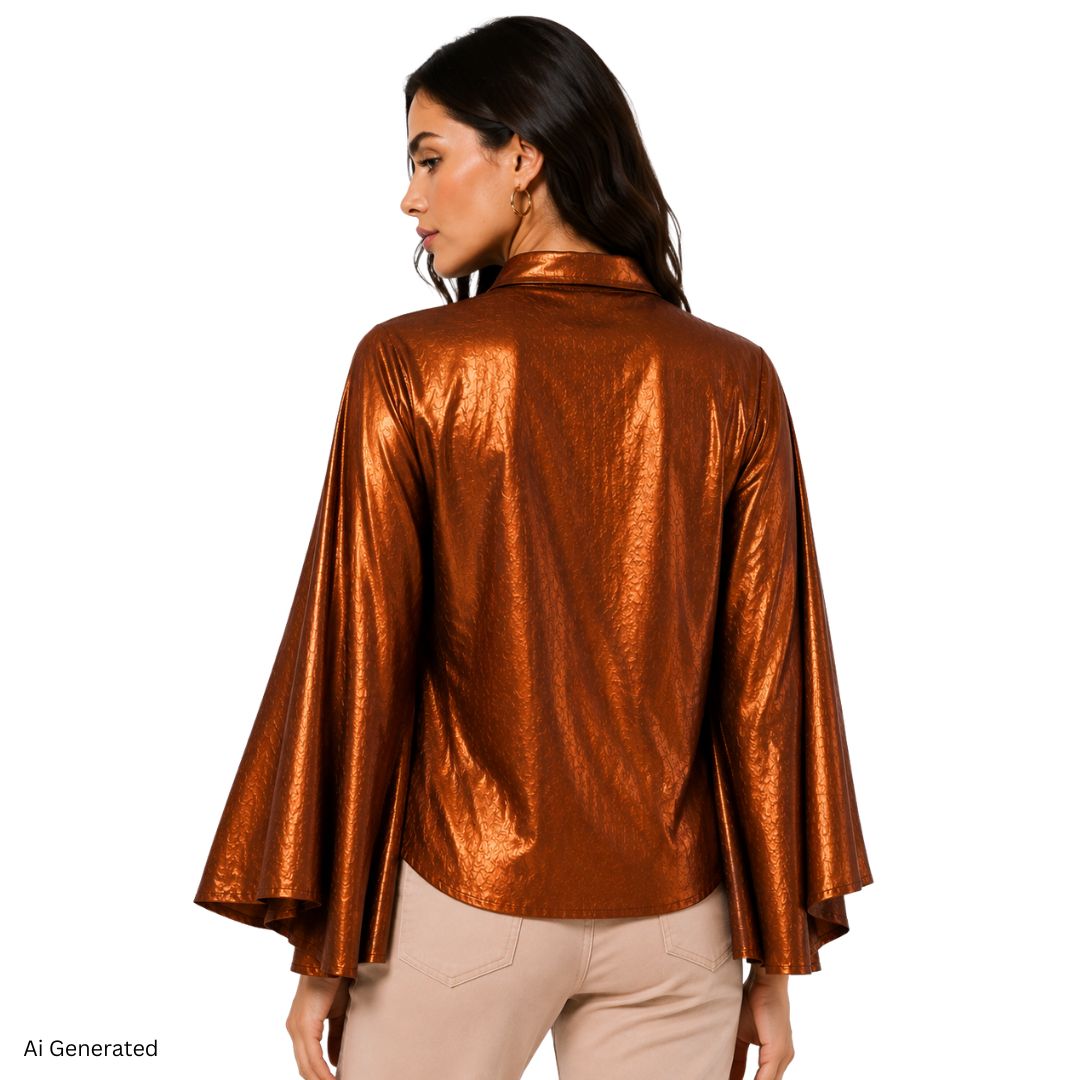 Artyska Women’s Metallic Jacquard Cape Sleeve Button Front Blouse