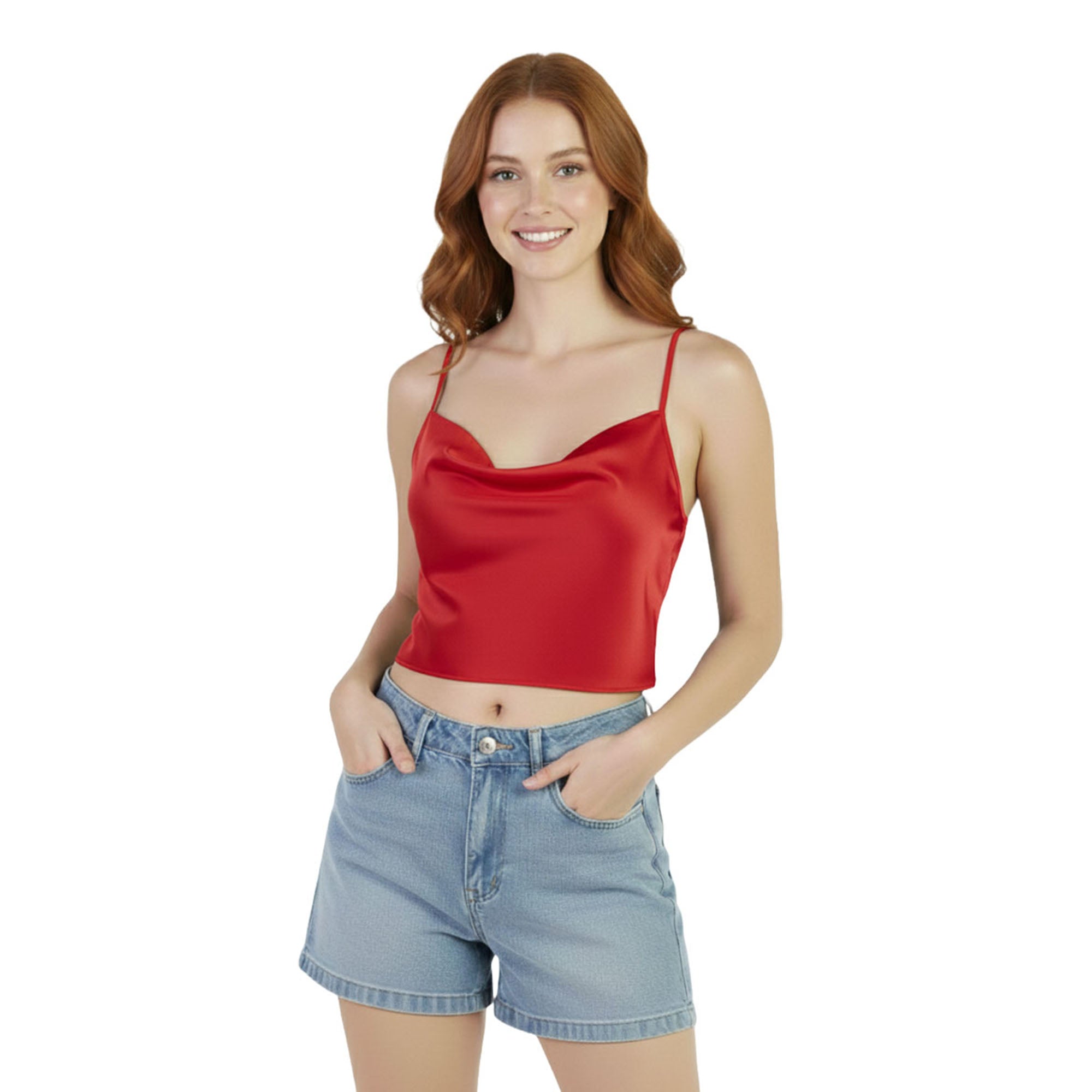 Artyska Women’s Satin Cowl-Neck Silky Spaghetti Strap Camisole Crop Top