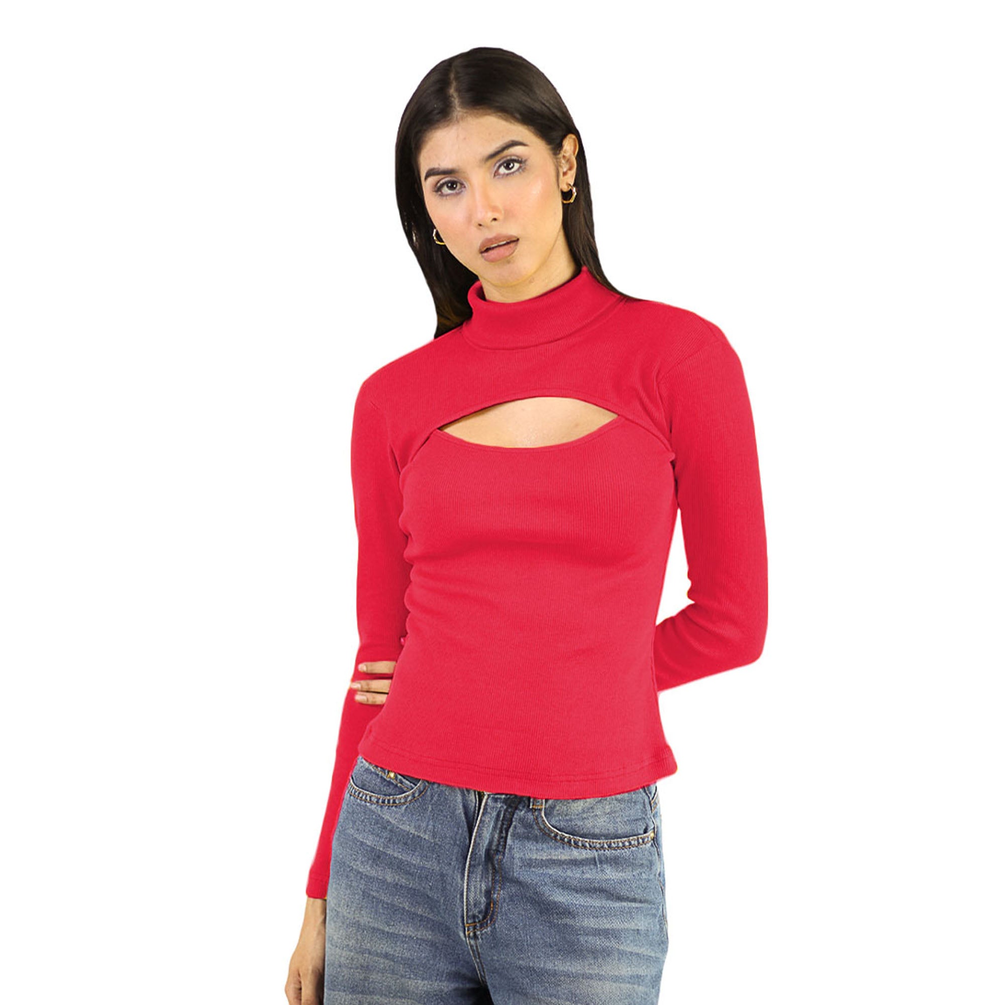 Artyska Women’s Ribbed High Neck Cutout Long Sleeve Top