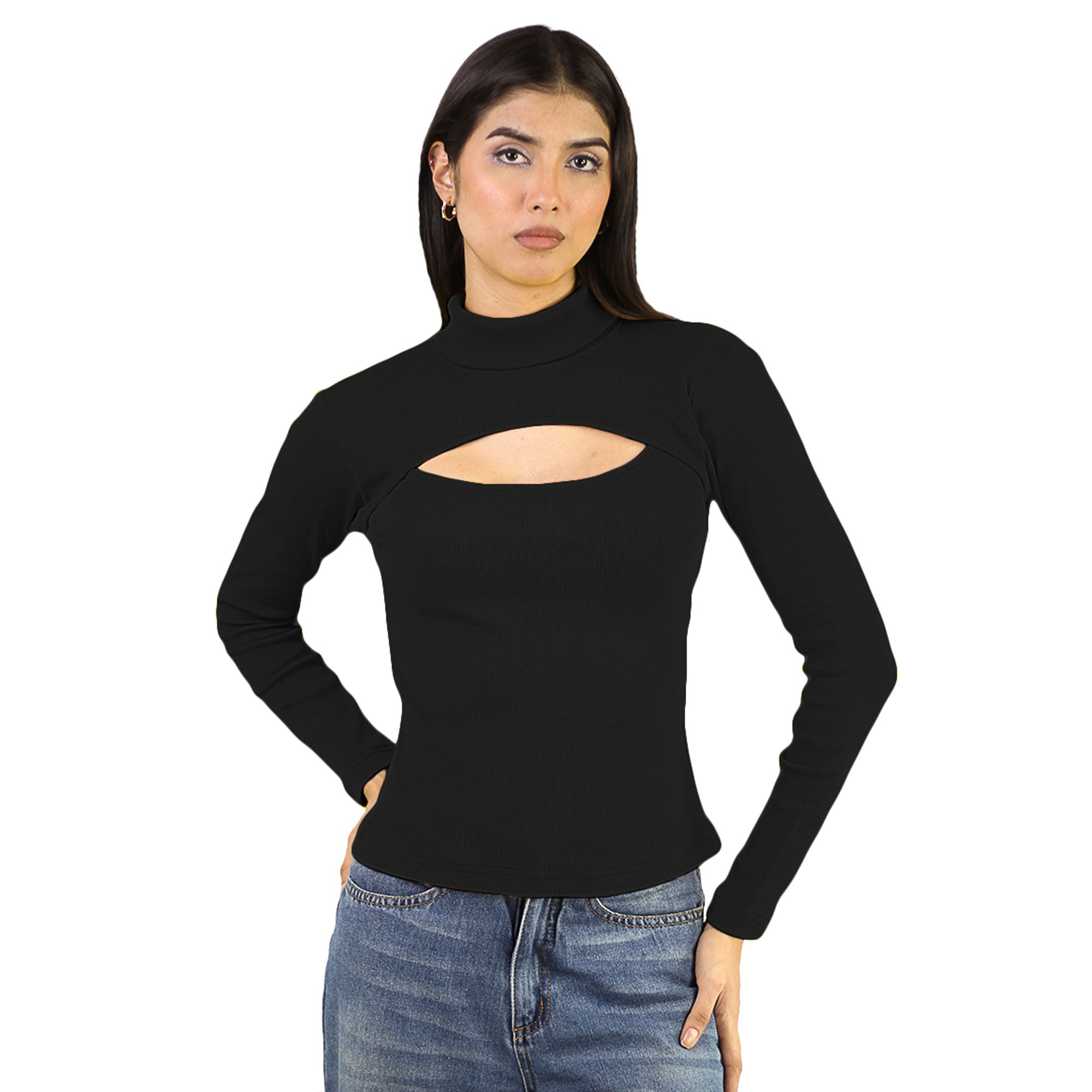 Artyska Women’s Ribbed High Neck Cutout Long Sleeve Top
