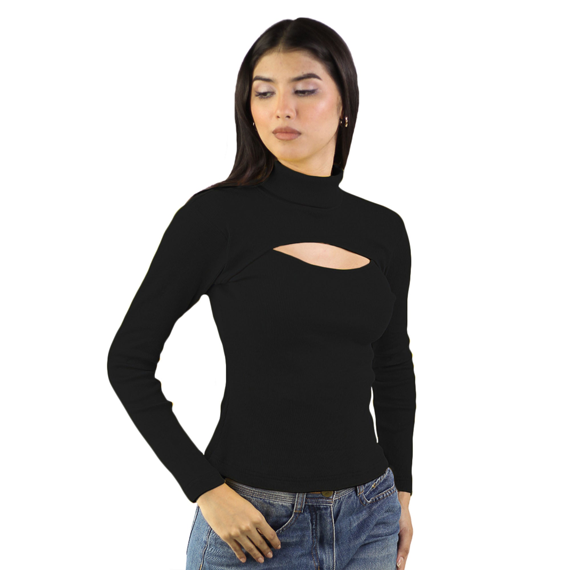 Artyska Women’s Ribbed High Neck Cutout Long Sleeve Top