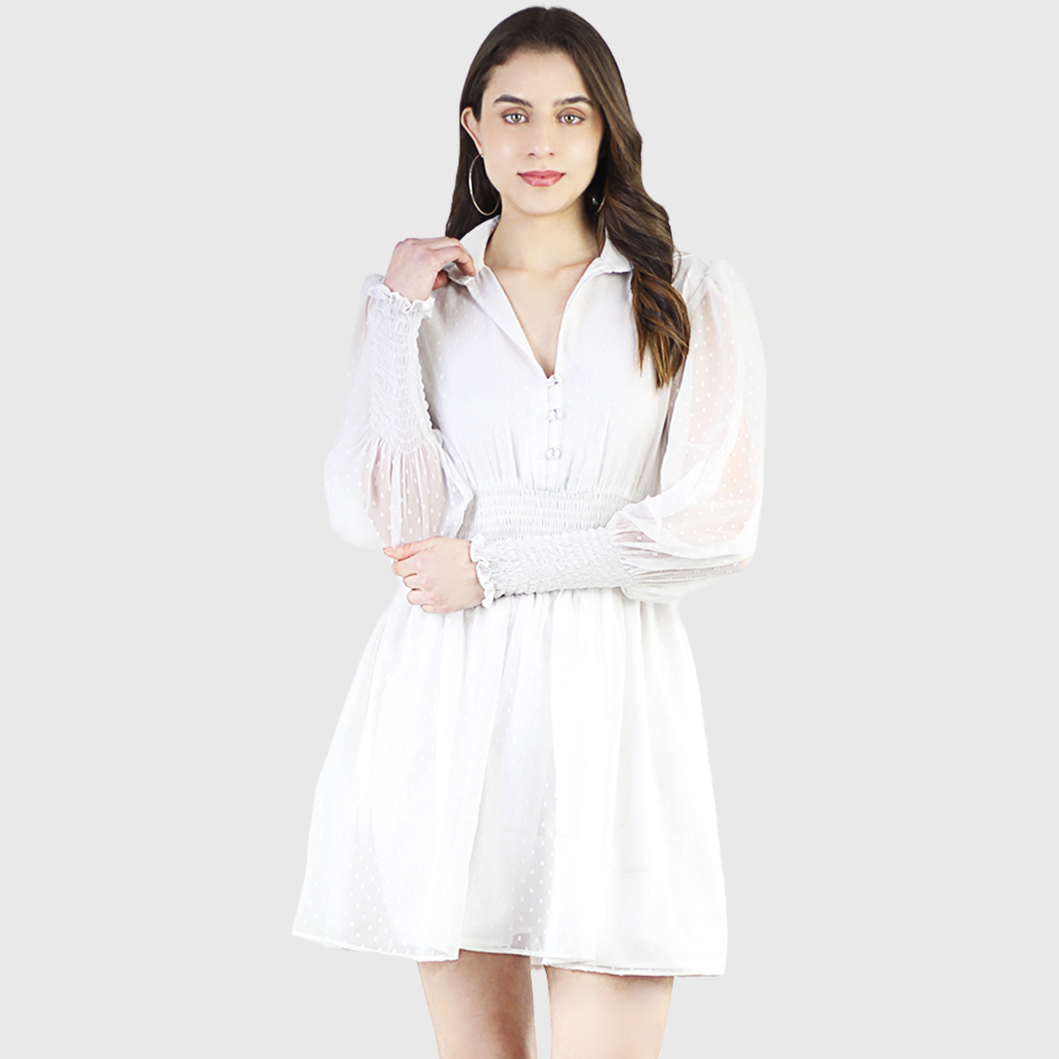 Artyska Women's Collared Puffed Long Sleeve Swiss Dot Chiffon Short Dress