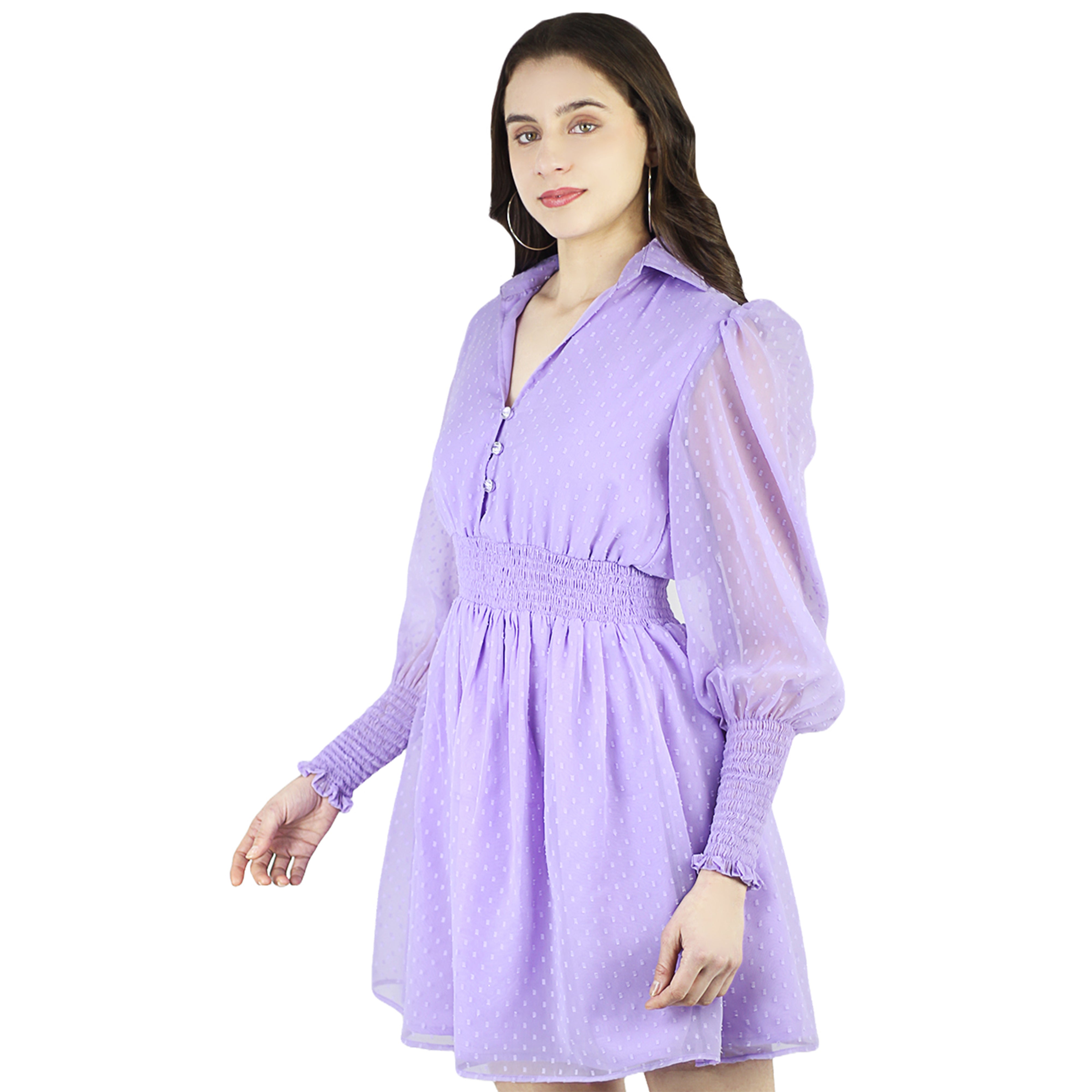 Artyska Women's Collared Puffed Long Sleeve Swiss Dot Chiffon Short Dress