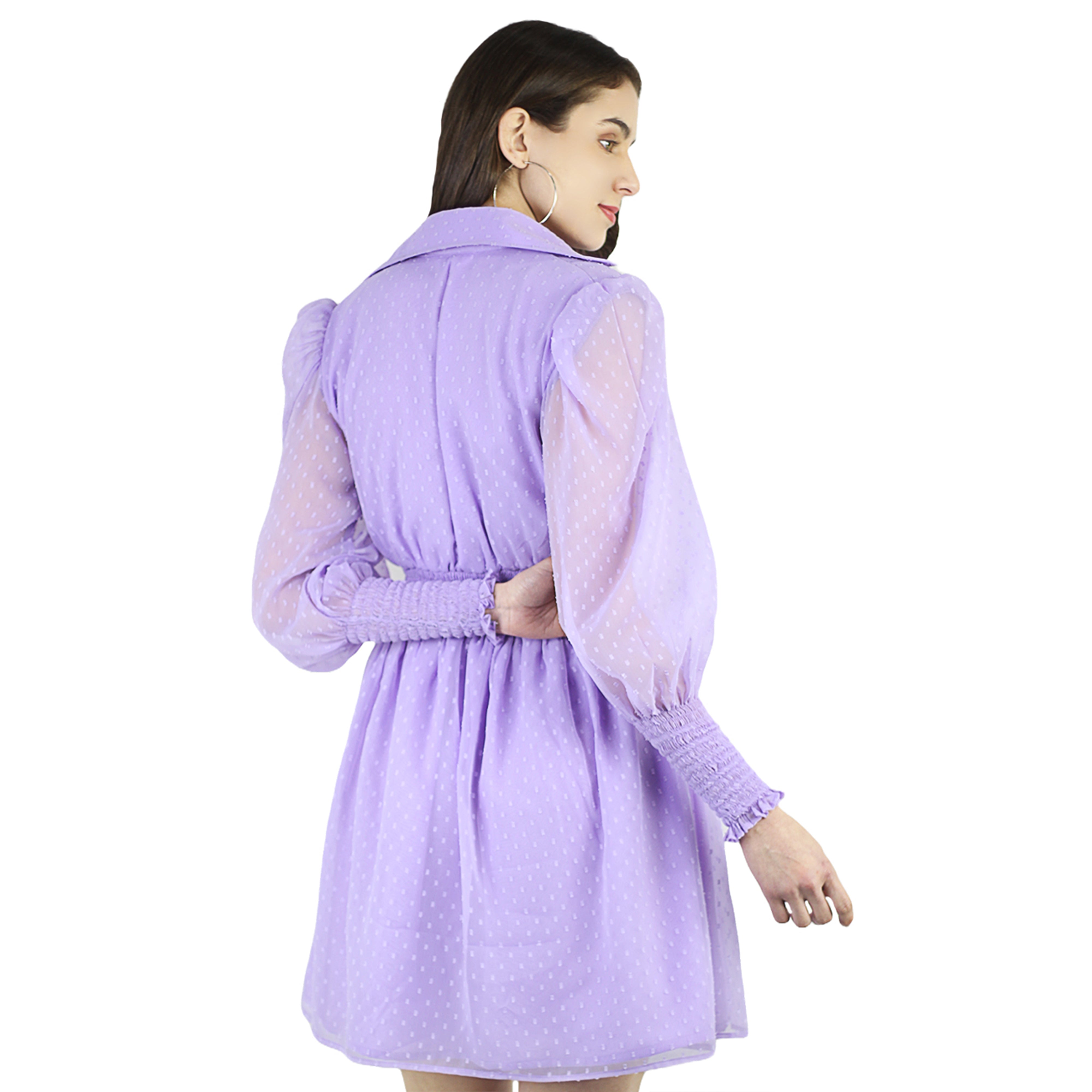 Artyska Women's Collared Puffed Long Sleeve Swiss Dot Chiffon Short Dress