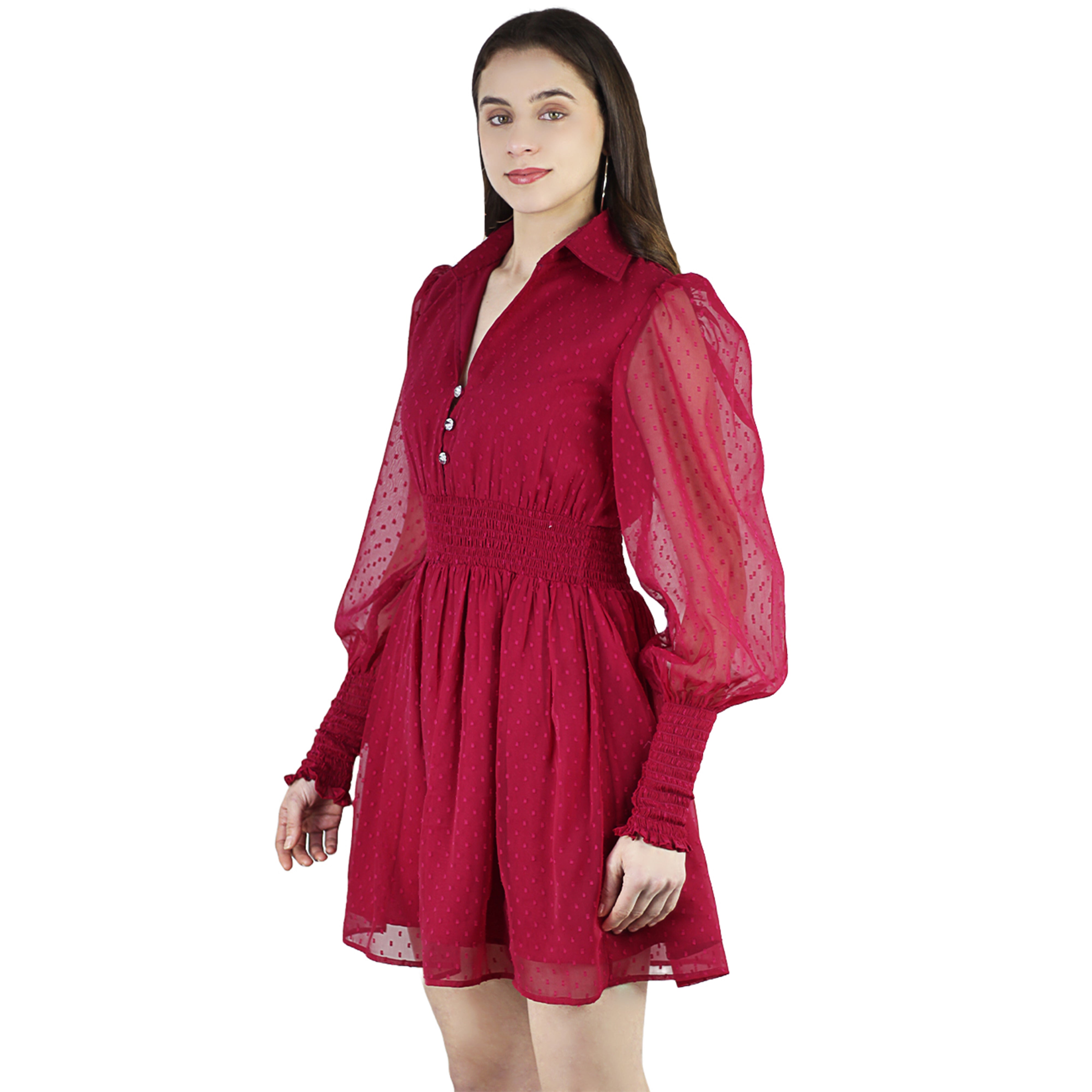 Artyska Women's Collared Puffed Long Sleeve Swiss Dot Chiffon Short Dress