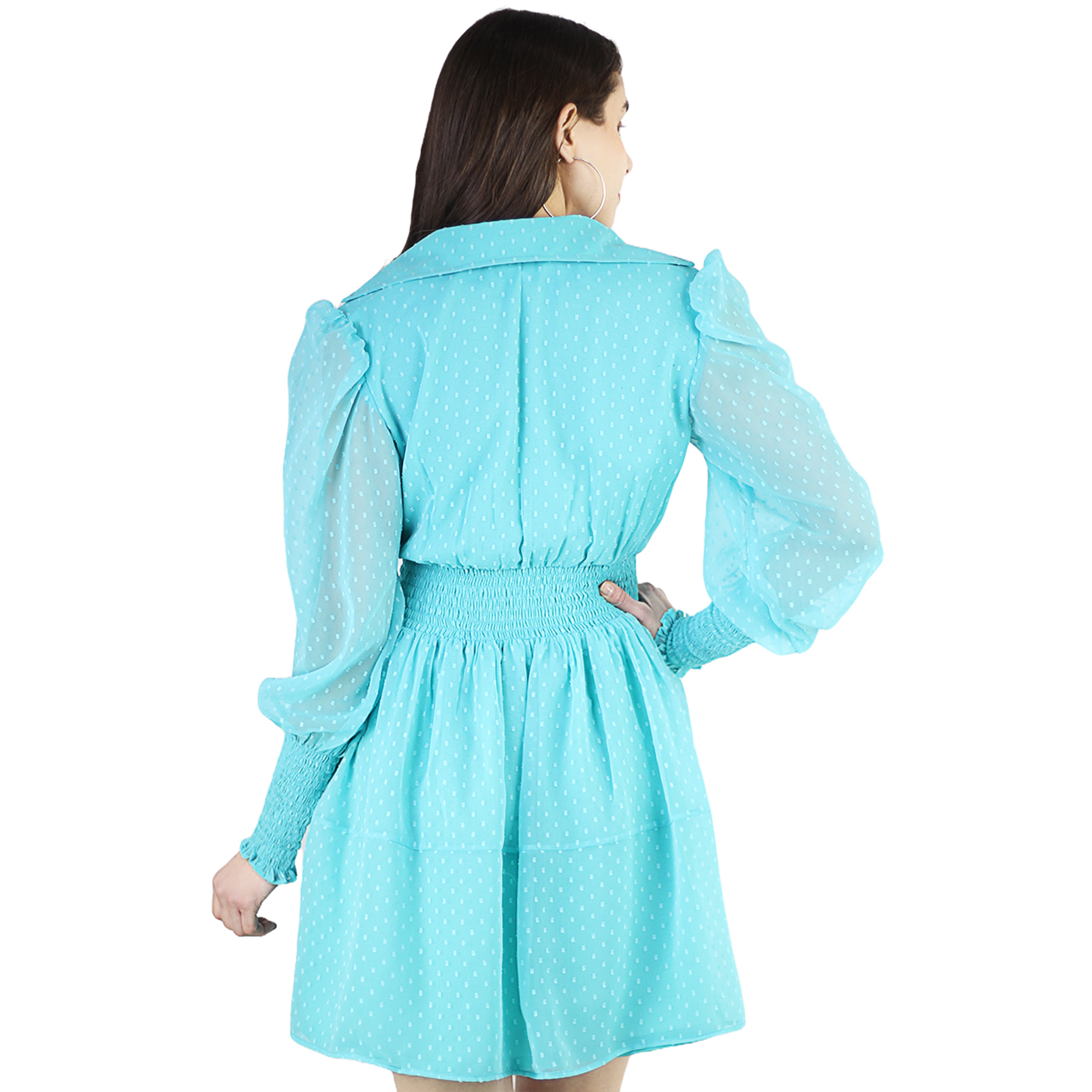 Artyska Women's Collared Puffed Long Sleeve Swiss Dot Chiffon Short Dress
