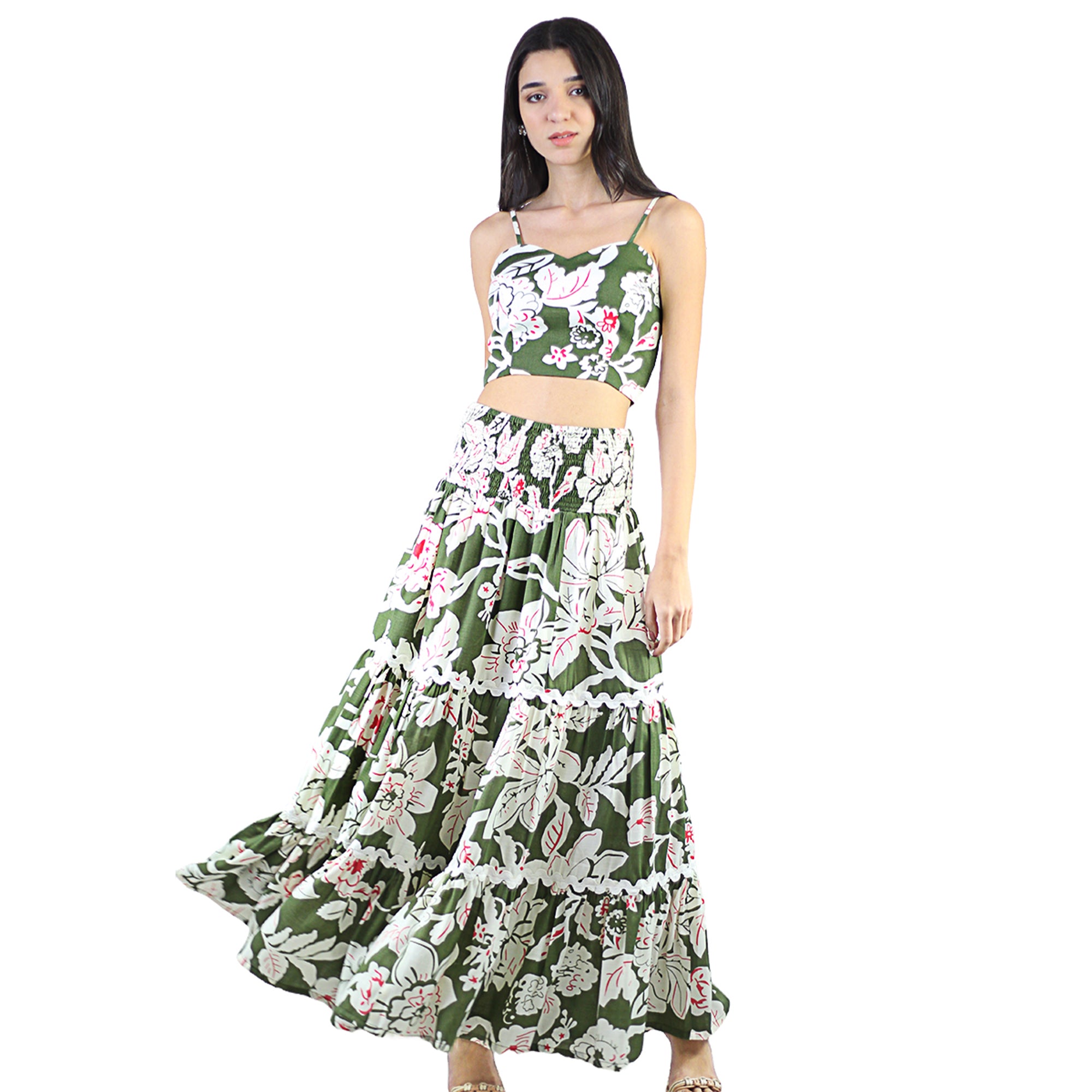 Women's 2-Piece Floral Print Smocked Crop Top and Tiered Front Slit Maxi Skirt Set