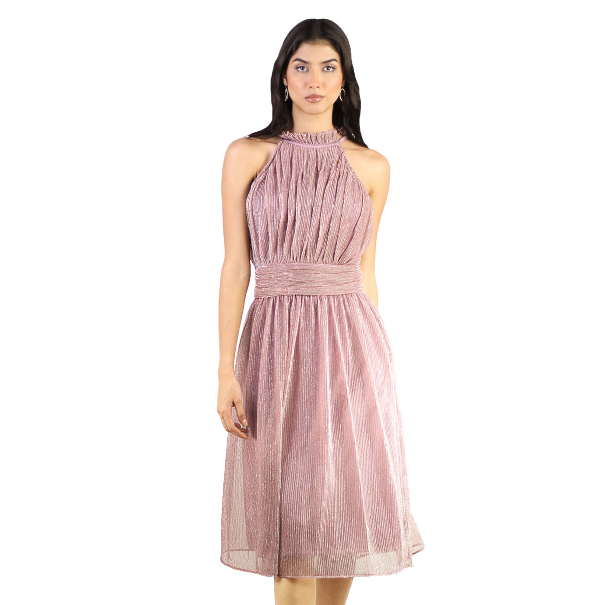 Artyska Women's Shimmer Halter Neck Sleeveless Midi Dress – Pleated Bodice, Flared Hem