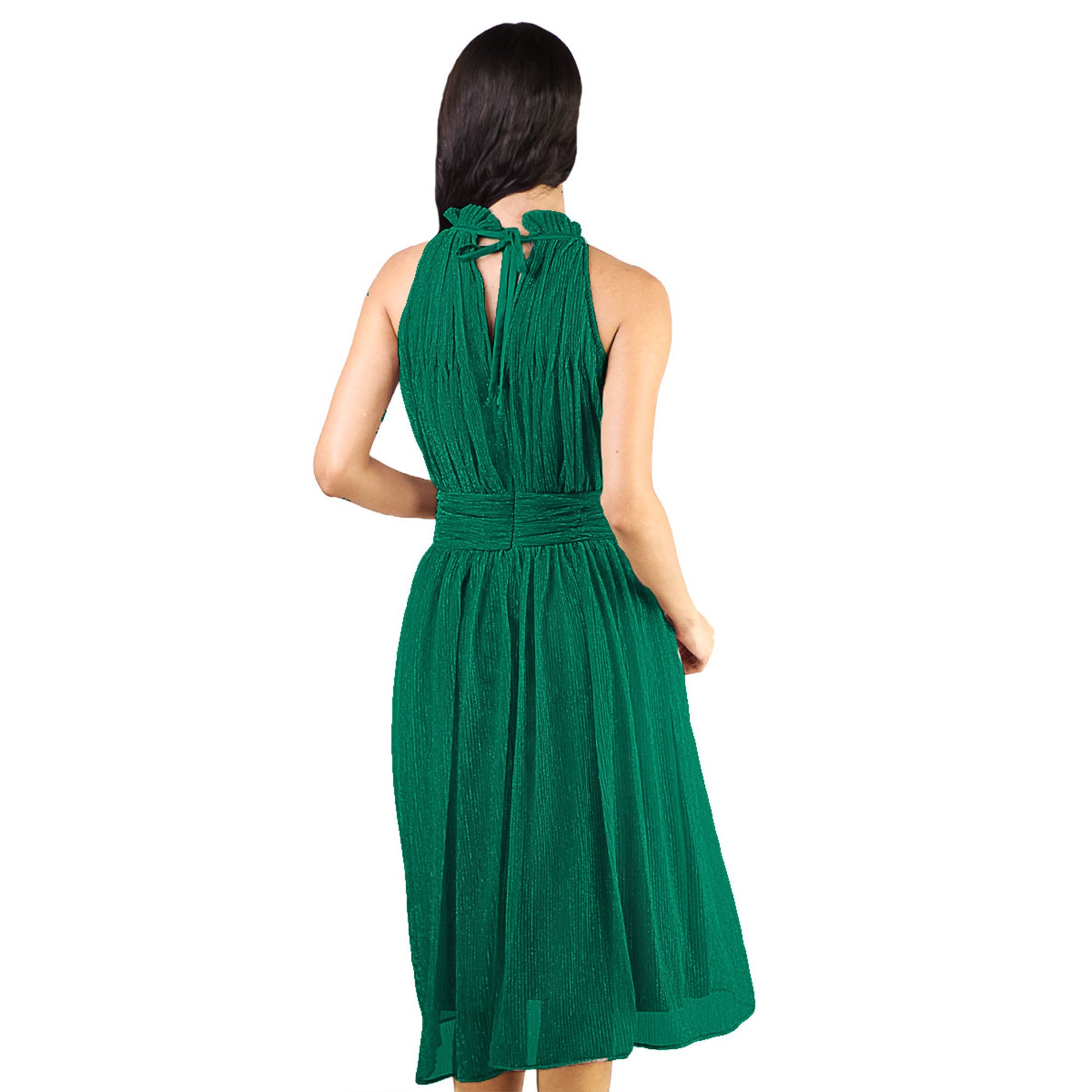 Artyska Women's Shimmer Halter Neck Sleeveless Midi Dress – Pleated Bodice, Flared Hem