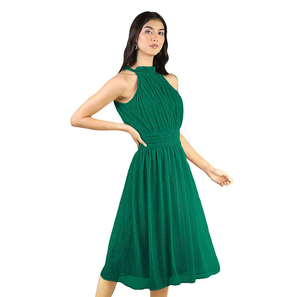 Artyska Women's Shimmer Halter Neck Sleeveless Midi Dress – Pleated Bodice, Flared Hem main image 0
