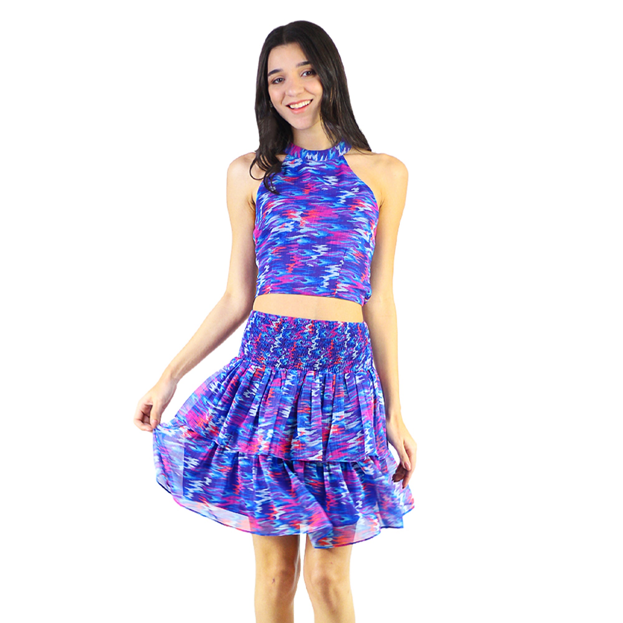 Artyska Women's Ikat-Print Halter Neck Sleeveless Top & Ruffled Mini Skirt 2 Piece Set