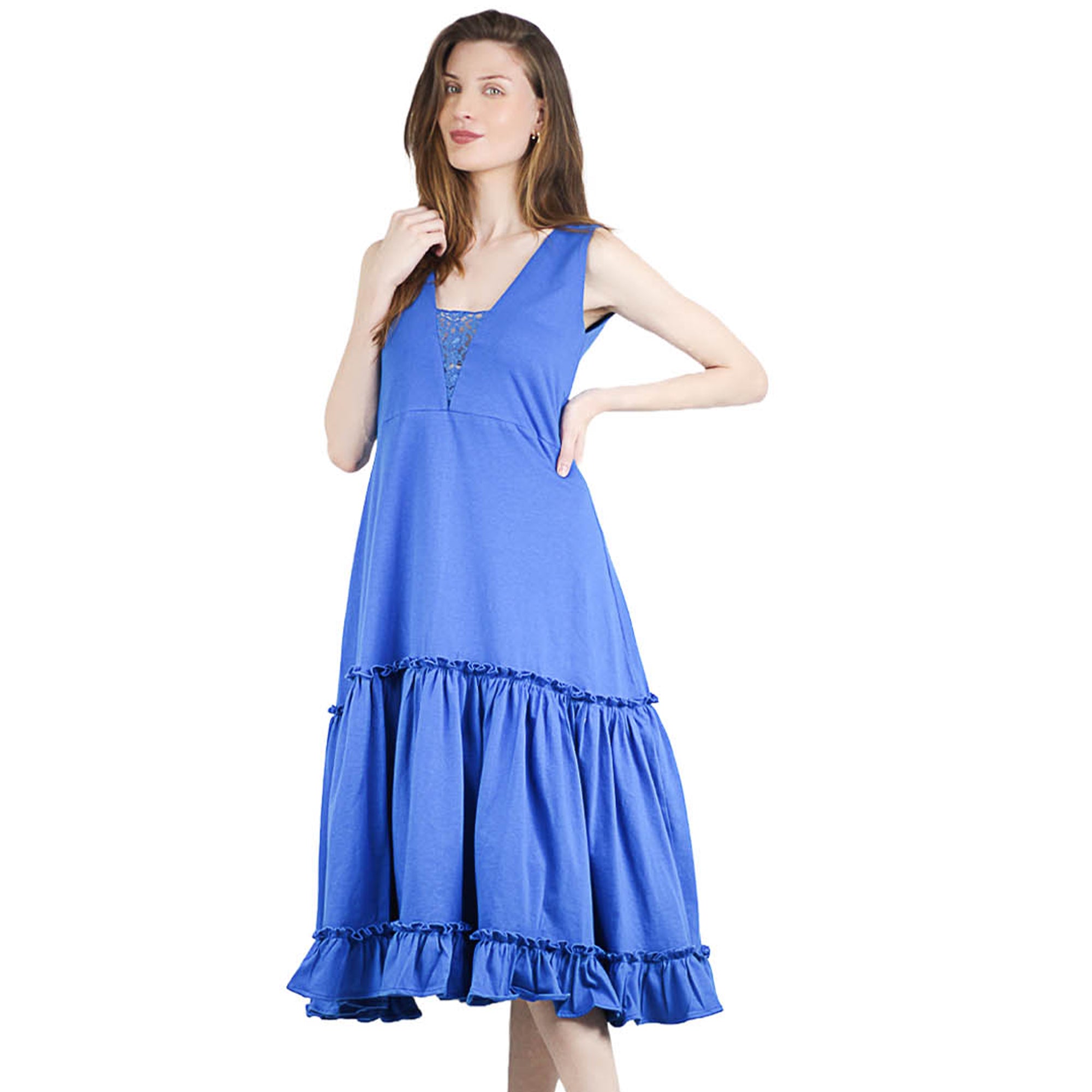 Artyska Women's Summer Sleeveless V-Neck Ruffled Midi Knit Lace Dress