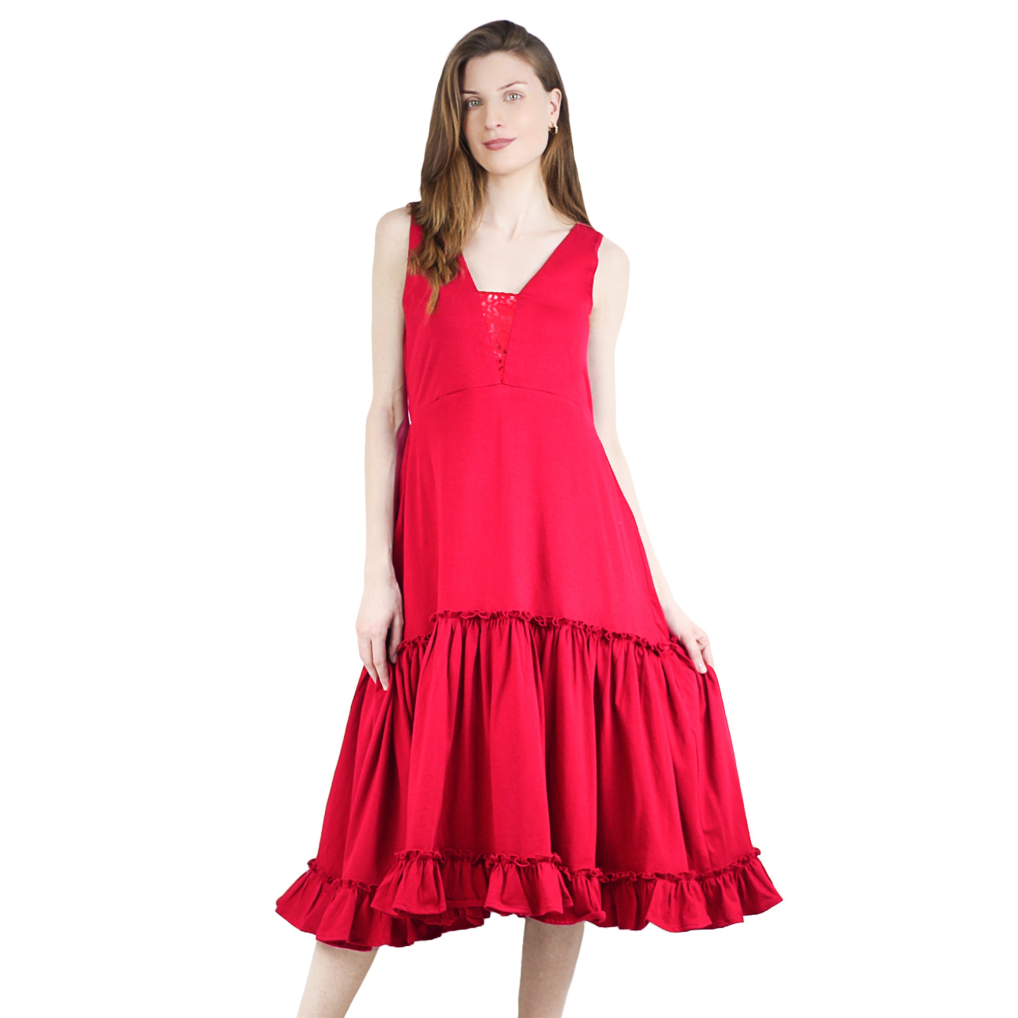 Artyska Women's Summer Sleeveless V-Neck Ruffled Midi Knit Lace Dress