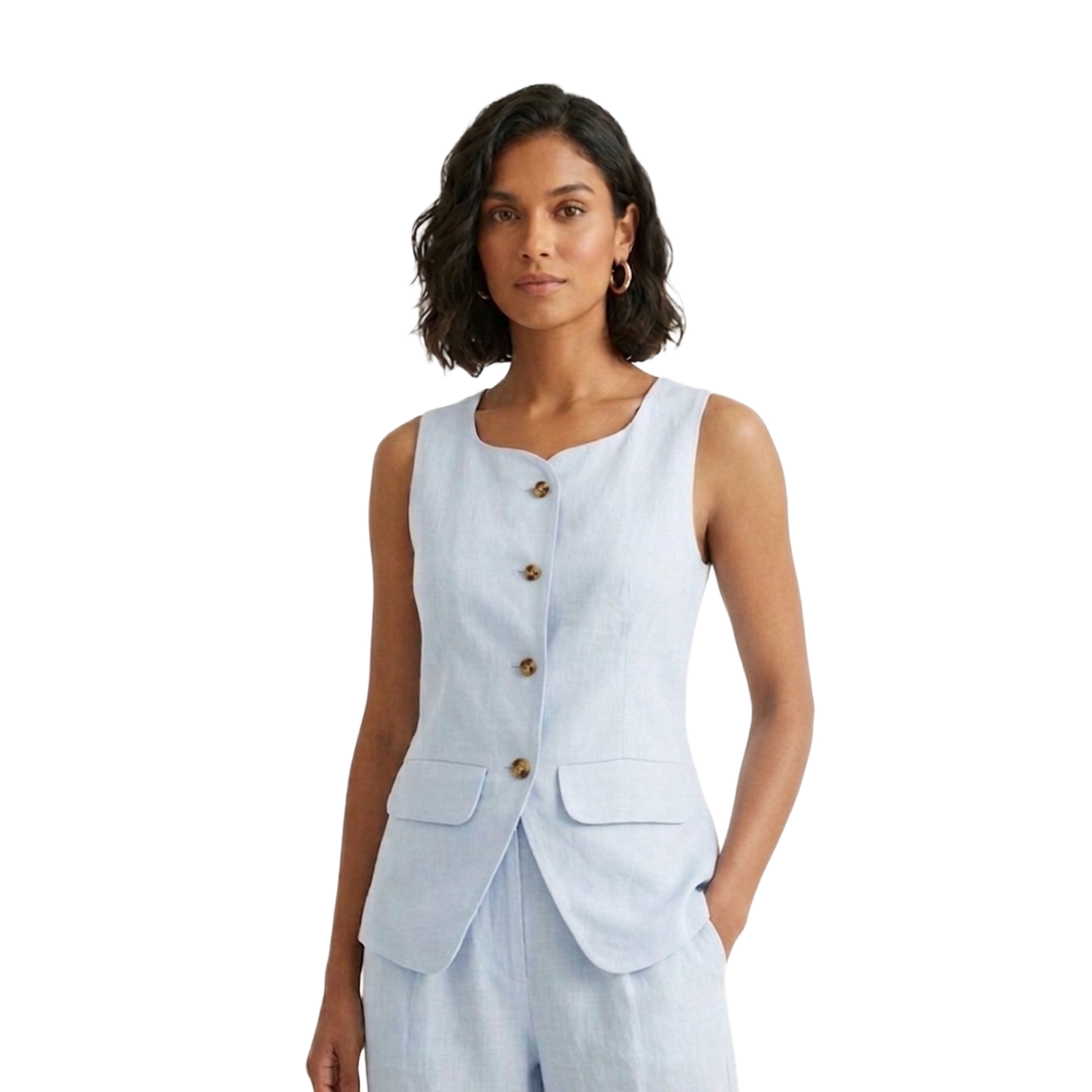 Artyska Women’s Linen Blend Sleeveless Tailored Vest – Button Front Waistcoat Top