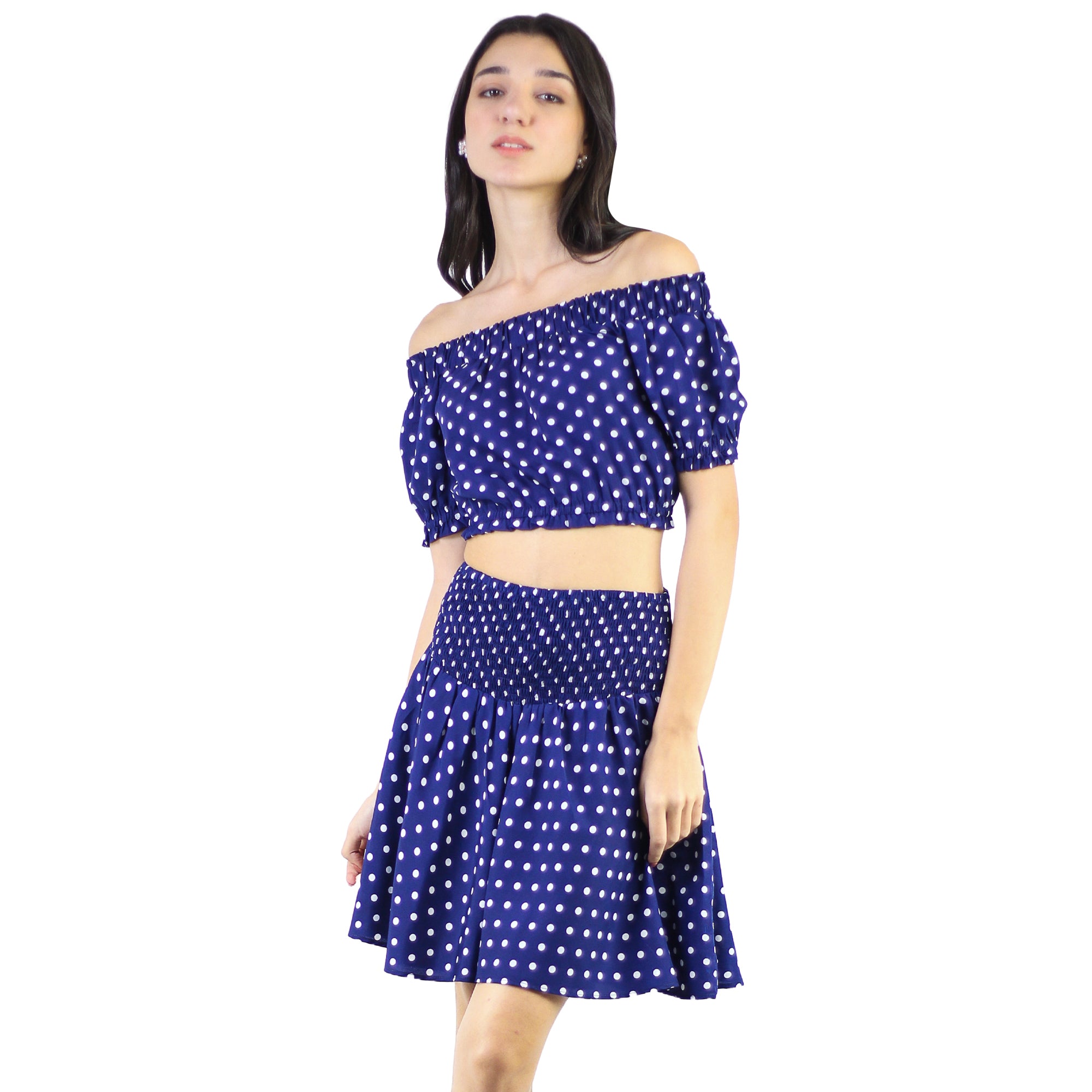 Artyska Women's Polka Dot Off Shoulder Crop Top Short Skirt 2 Piece Set