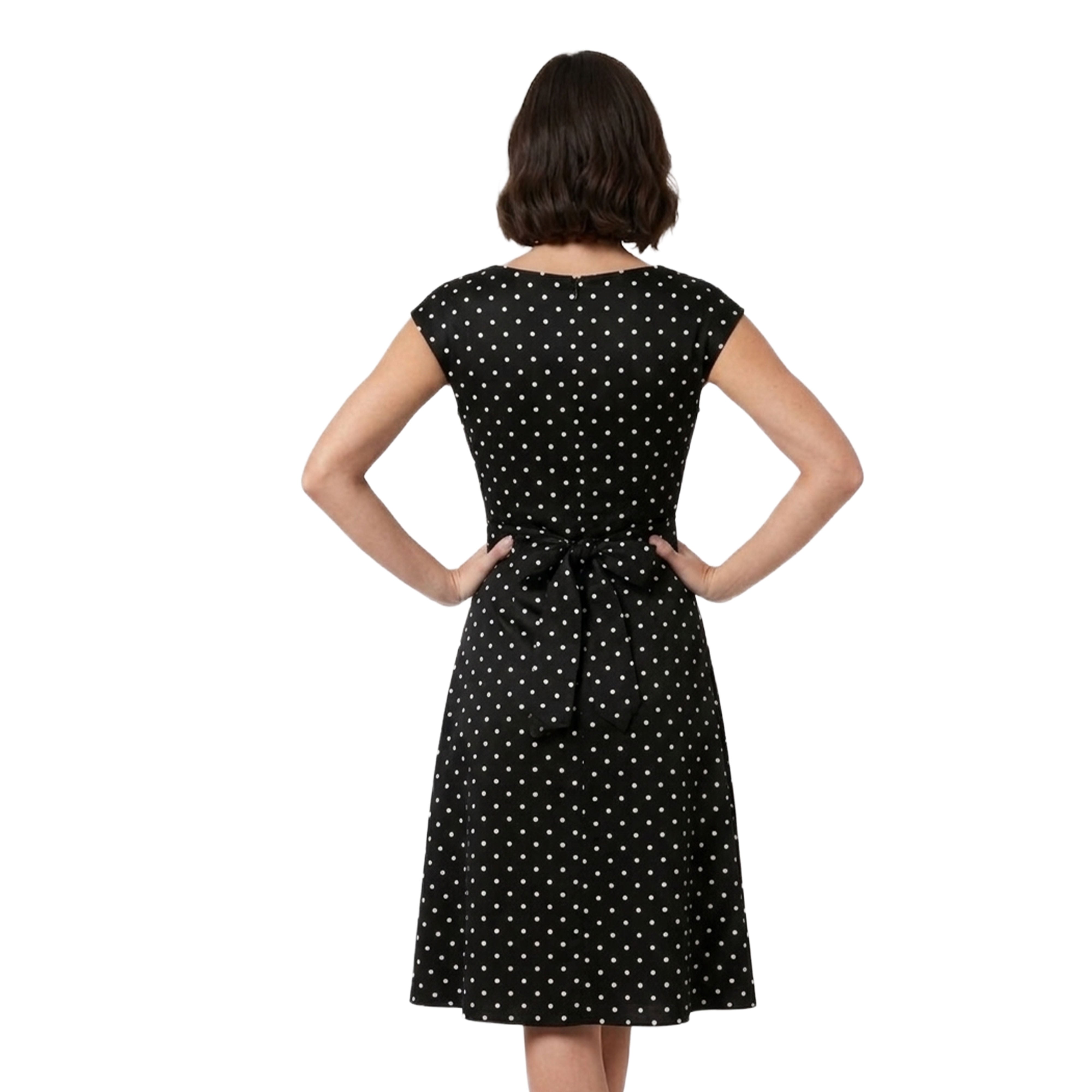 Artyska Women’s Polka Dot Fit & Flare Midi Dress with Adjustable Back Tie Belt