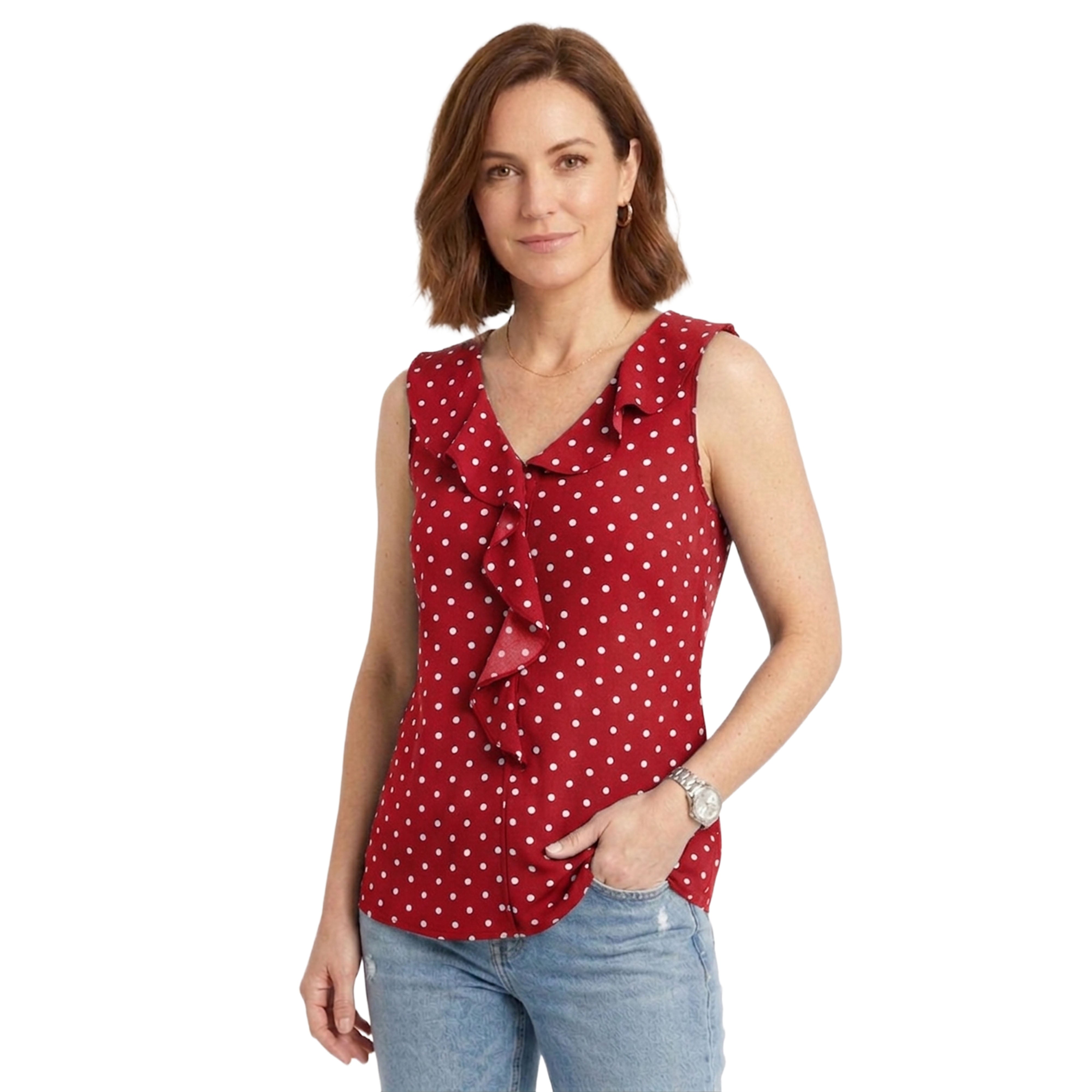 Artyska Women’s Sleeveless Ruffle V-Neck Blouse – Elegant Printed Lightweight Top