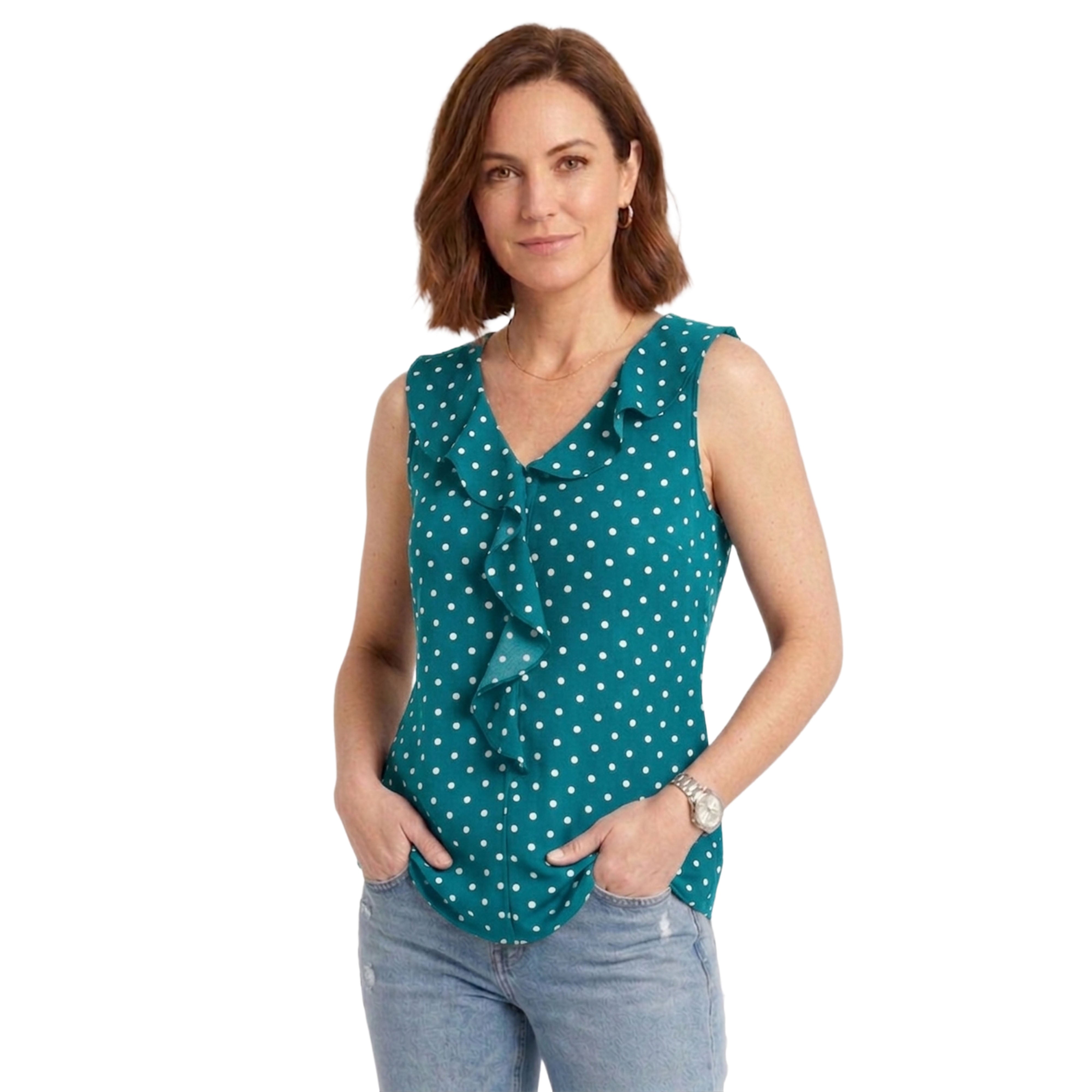 Artyska Women’s Sleeveless Ruffle V-Neck Blouse – Elegant Printed Lightweight Top