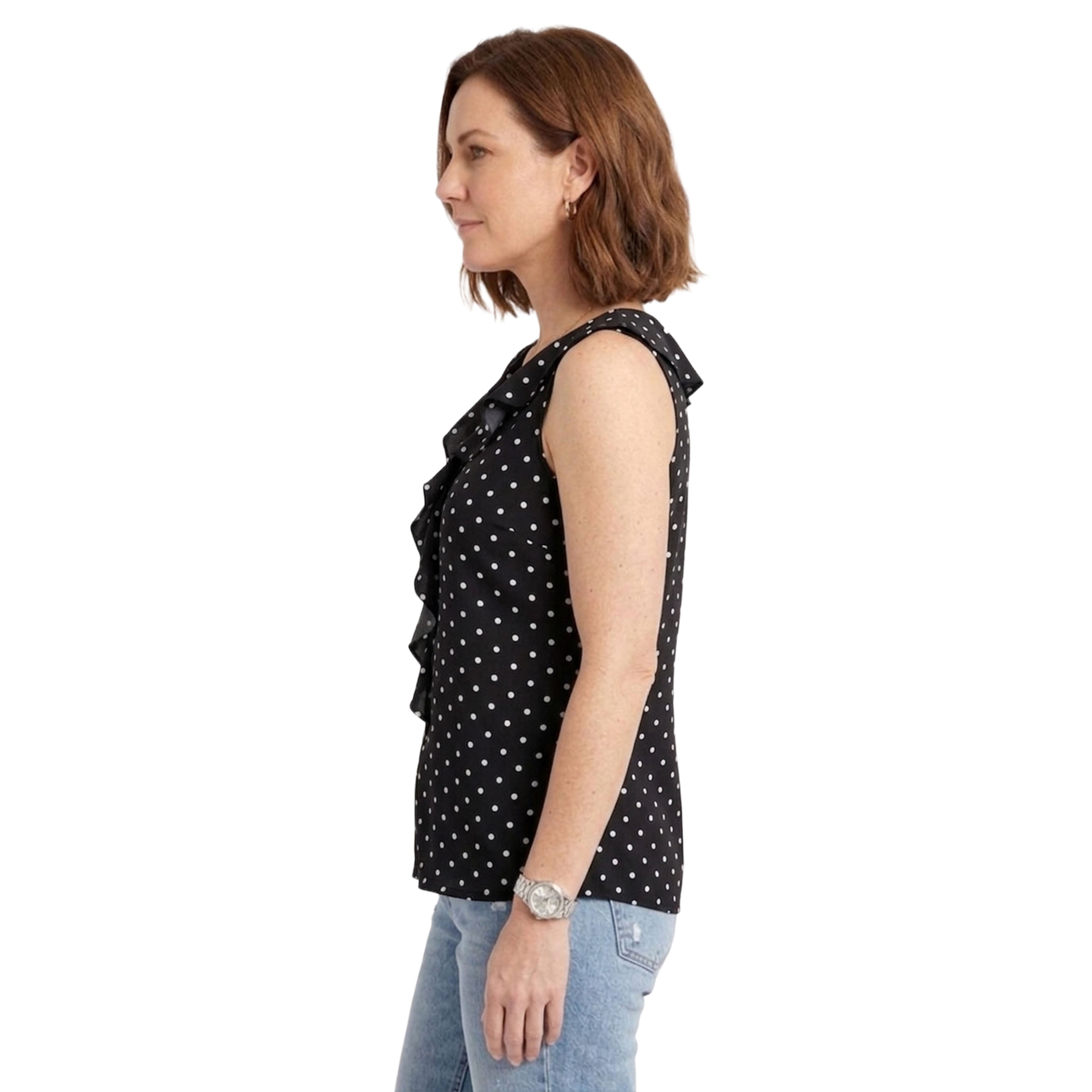 Artyska Women’s Sleeveless Ruffle V-Neck Blouse – Elegant Printed Lightweight Top
