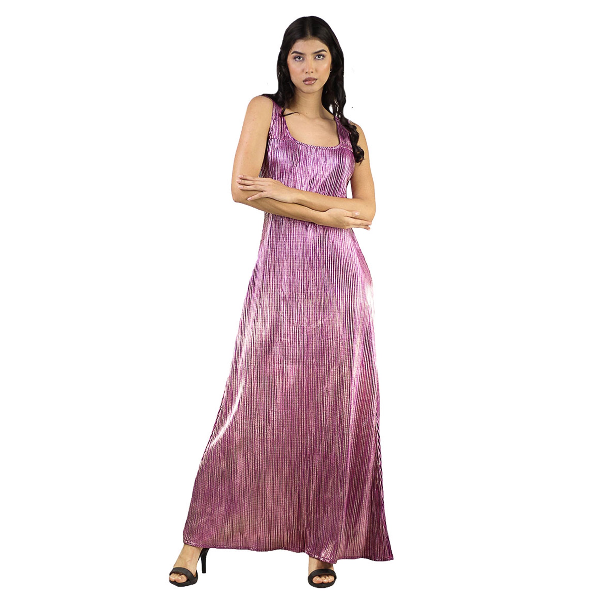 Artyska Metallic Pleated Sleeveless Maxi Dress with Side Slit