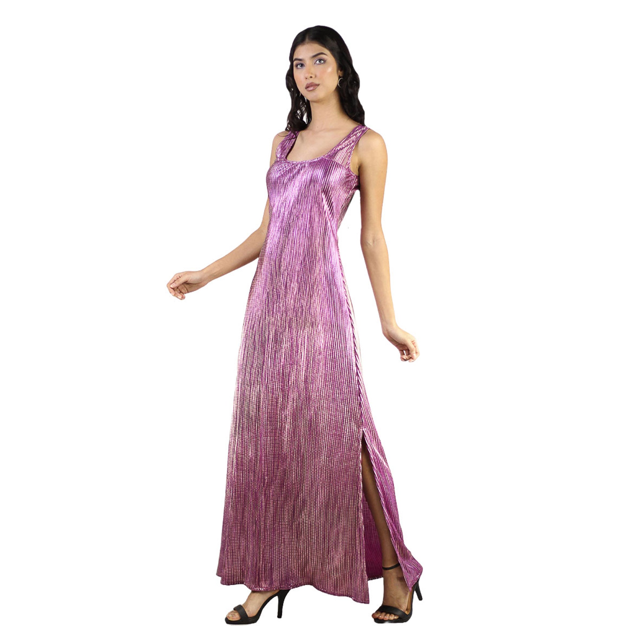 Artyska Metallic Pleated Sleeveless Maxi Dress with Side Slit