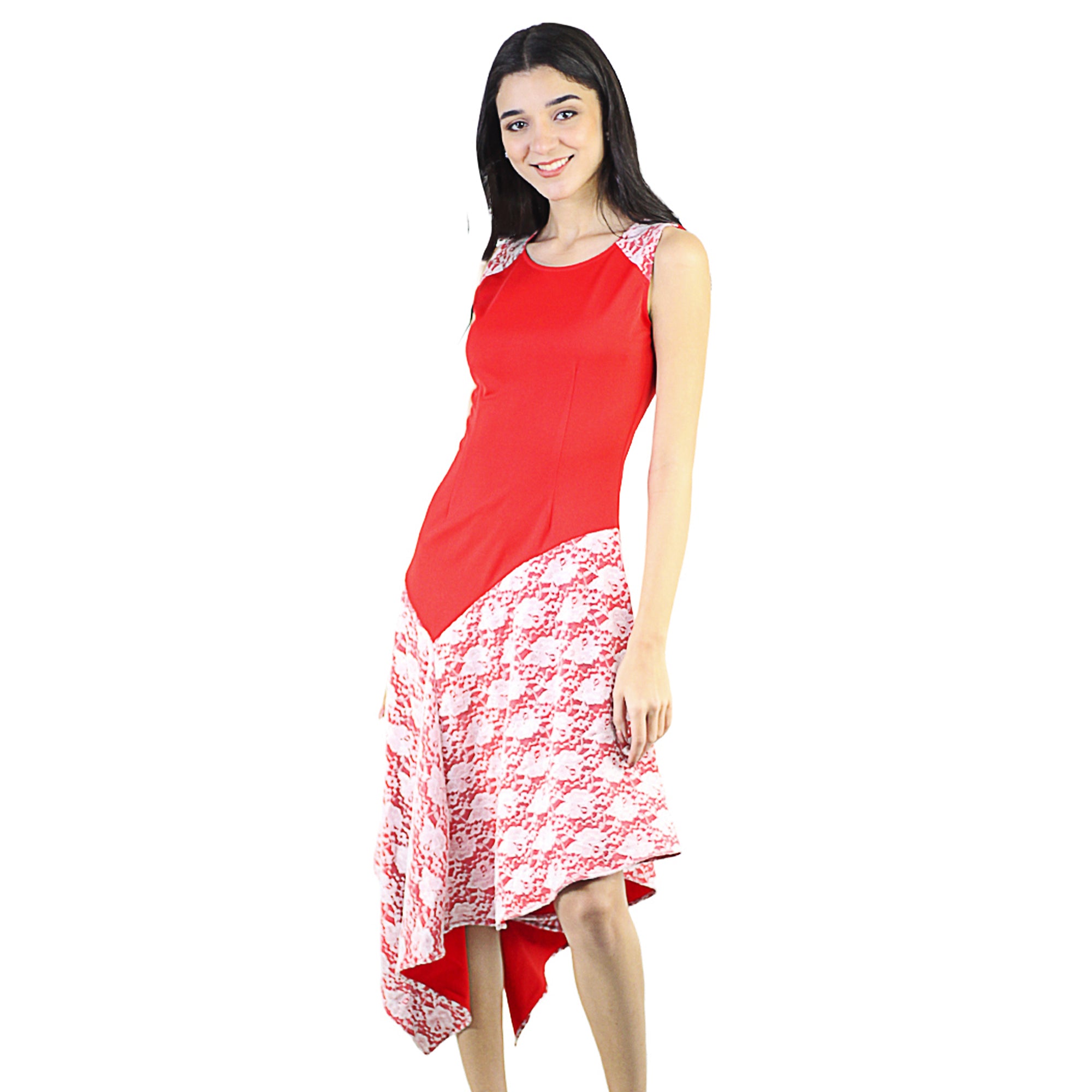 Artyska Women's Round Neck Sleeveless Asymmetric Dress With Lace Design Red M Artyska Women's Round Neck Sleeveless Asymmetric Dress With Lace Design Red M