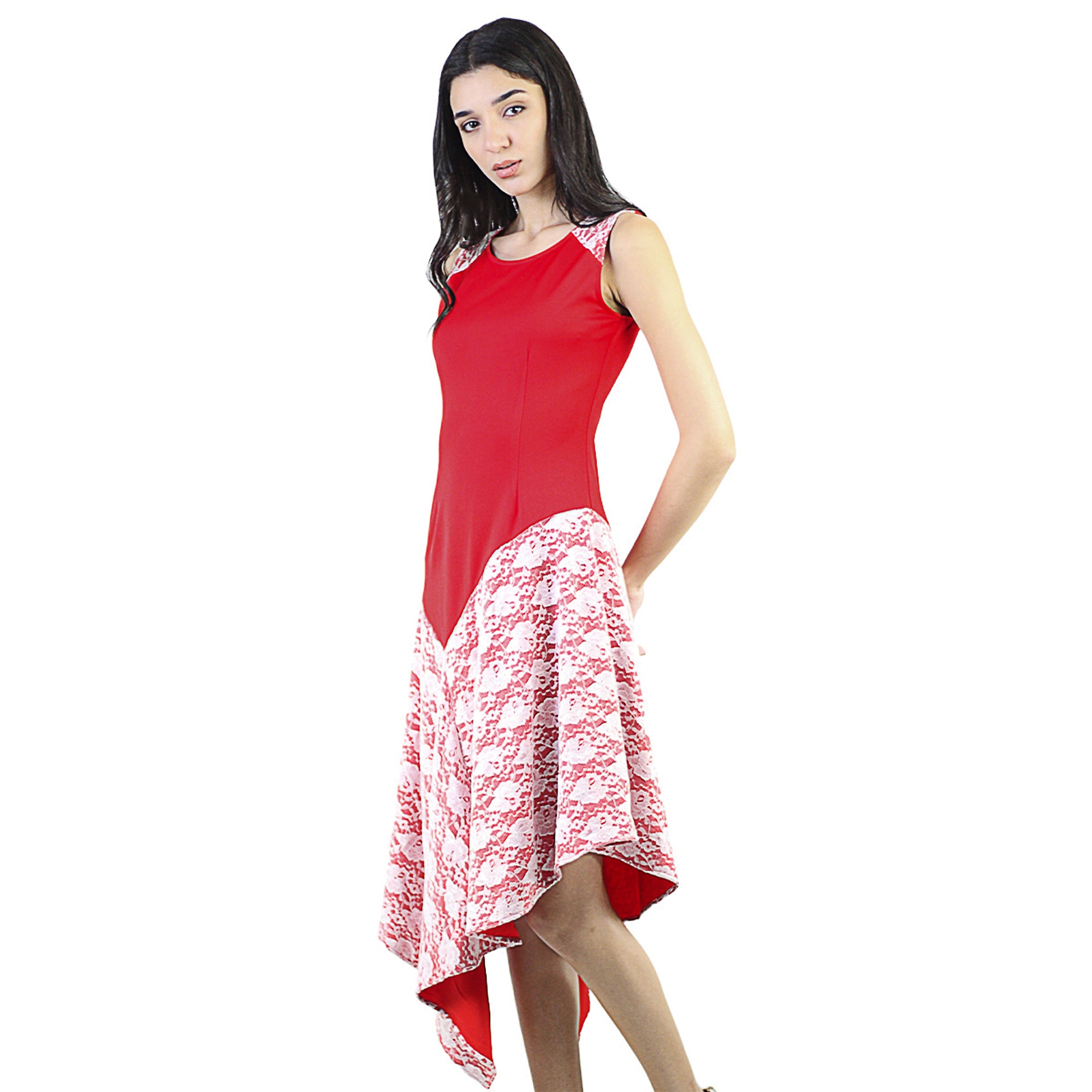 Artyska Women's Round Neck Sleeveless Asymmetric Dress With Lace Design Red M Artyska Women's Round Neck Sleeveless Asymmetric Dress With Lace Design Red M