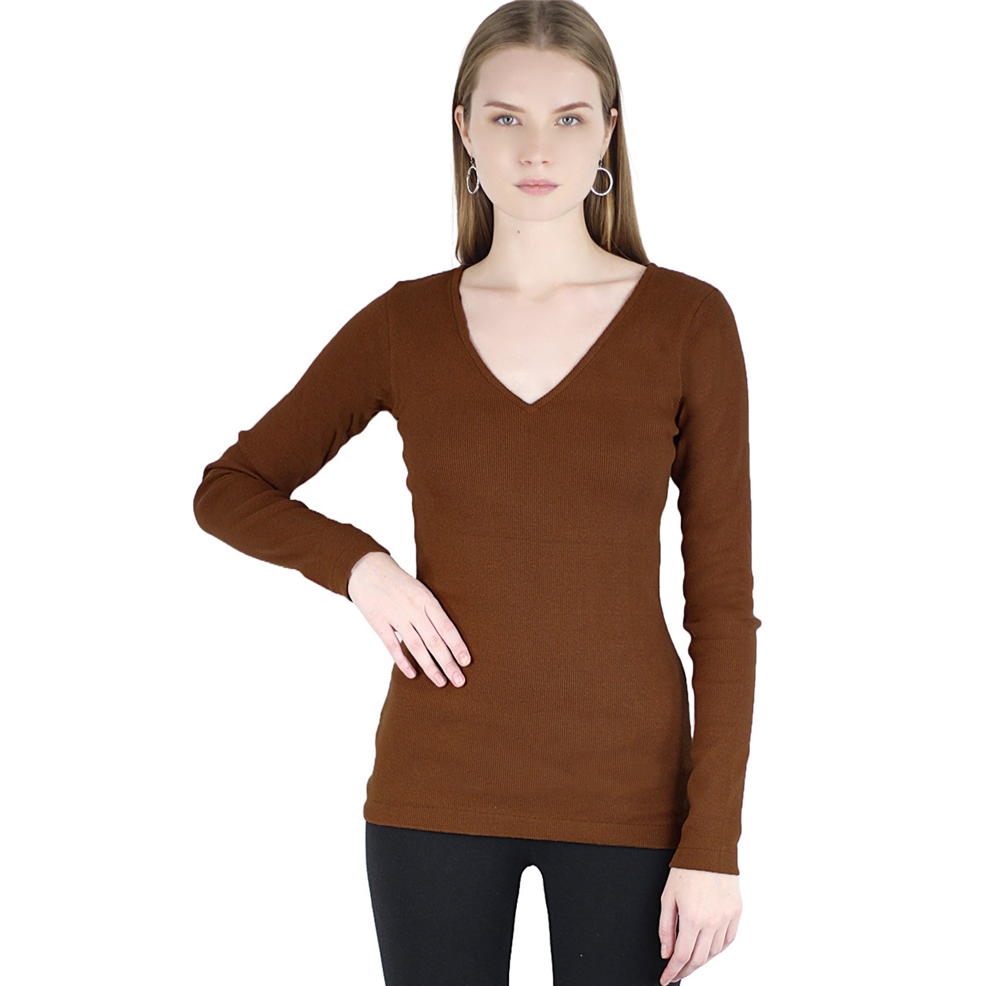Artyska Women’s Ribbed Knit V-Neck Long Sleeve Fitted Top – Casual Layering Shirt for Work, Travel & Everyday Wear