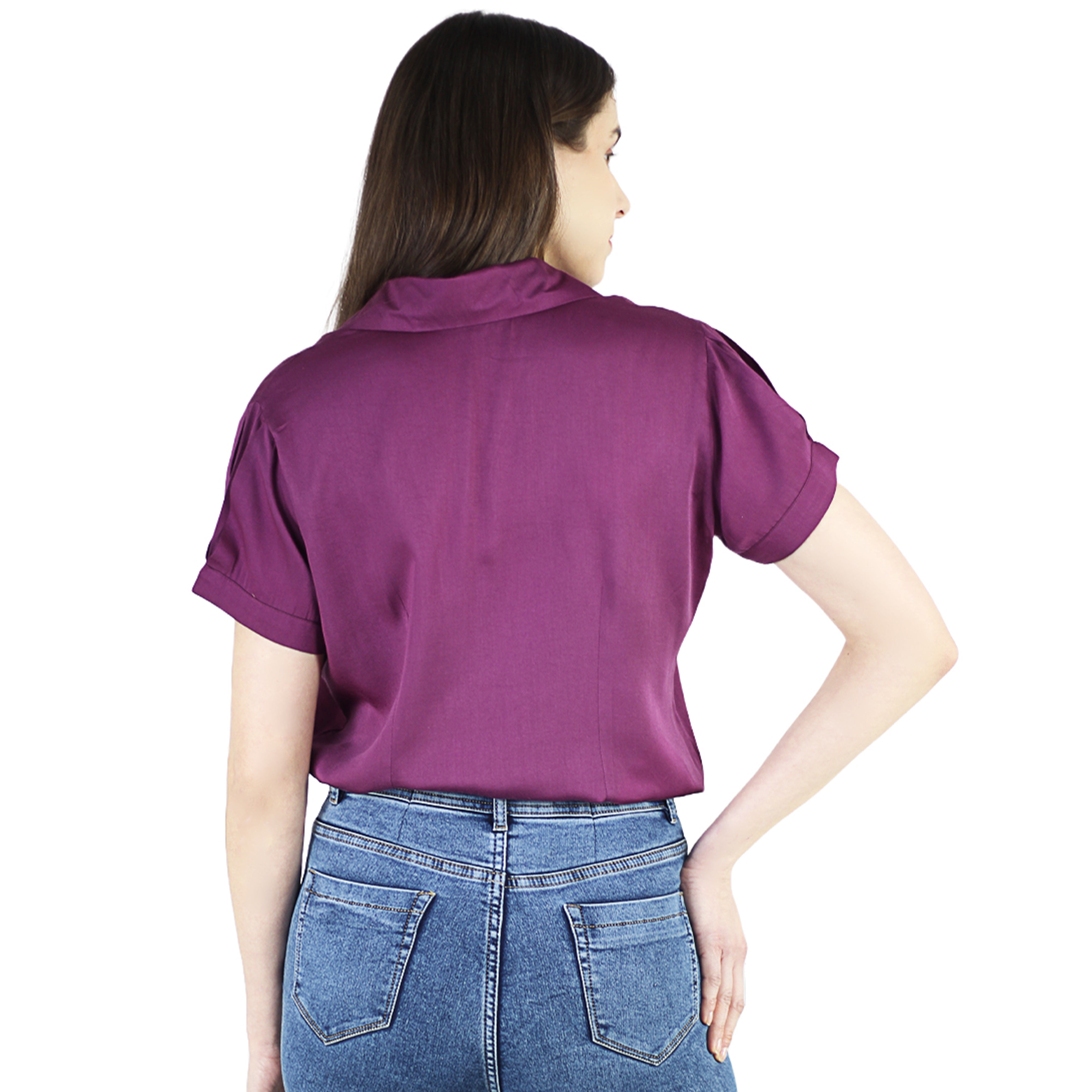 Artyska Women's Silk Button Down Shirts Short Sleeve V-Neck Satin Blouse Work Top
