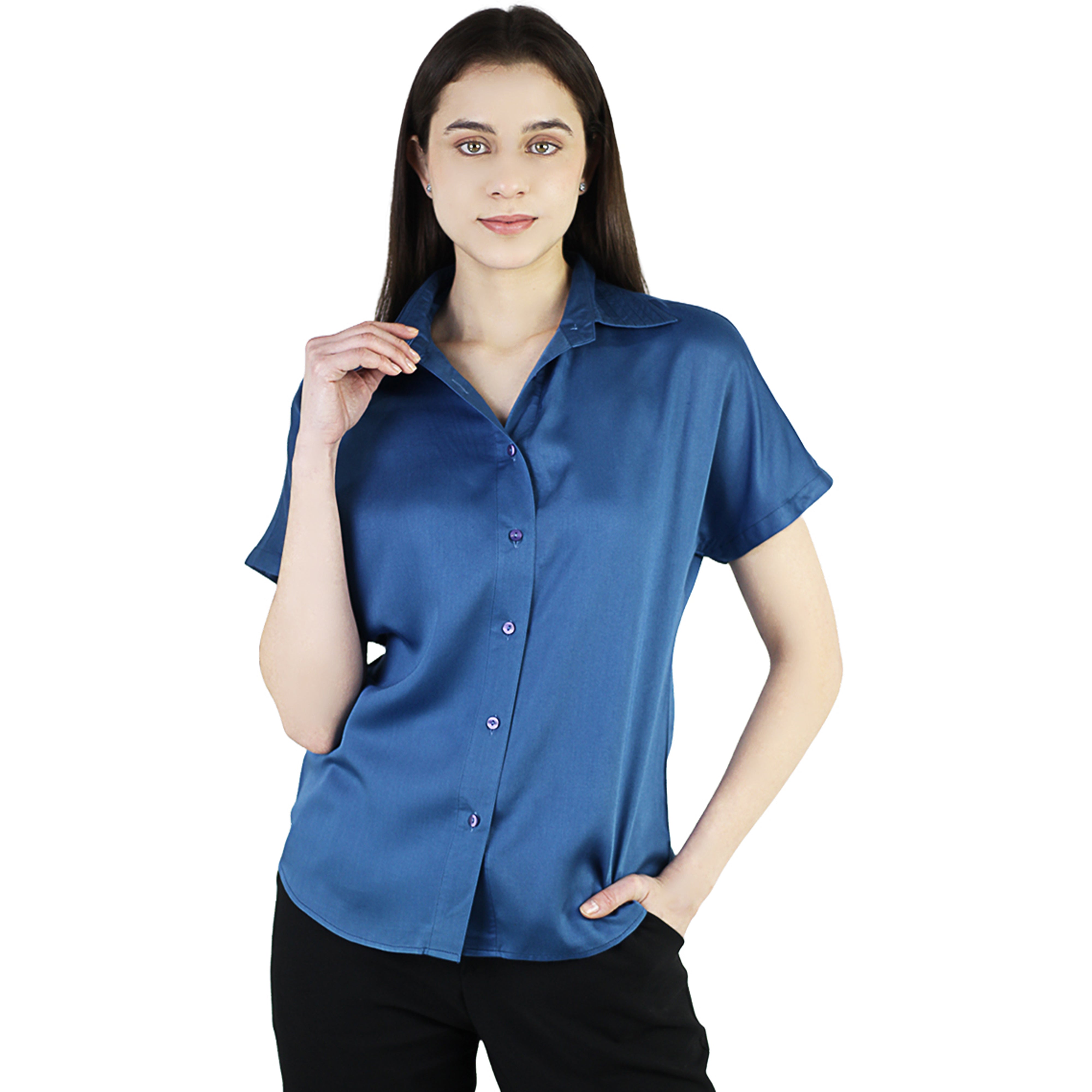 Artyska Women's Satin Short Sleeve Button Down Shirt