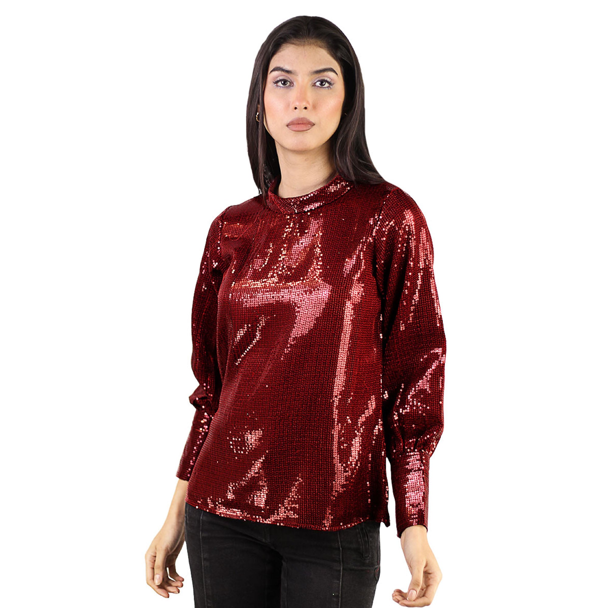Artyska Women’s Metallic Sequin Long Sleeve Party Top – Shiny Mock Neck Blouse