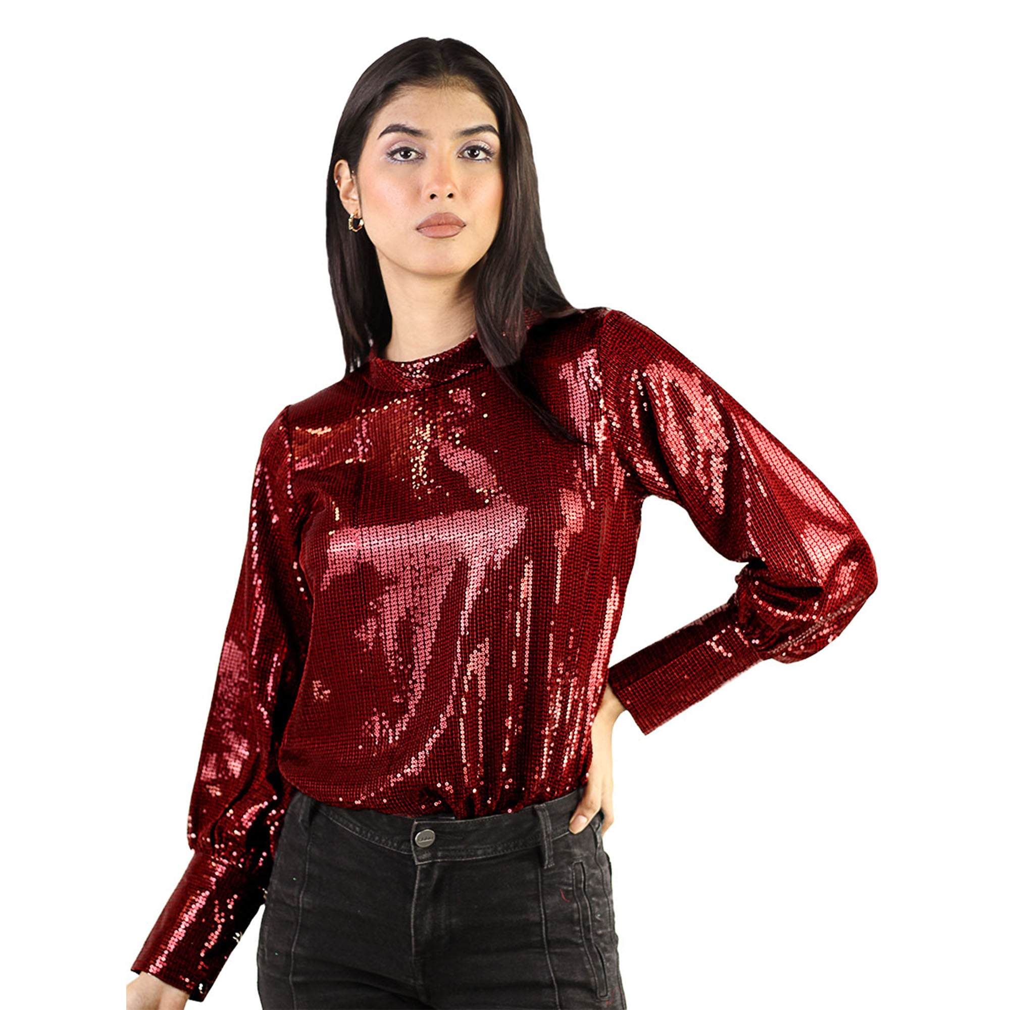 Artyska Women’s Metallic Sequin Long Sleeve Party Top – Shiny Mock Neck Blouse