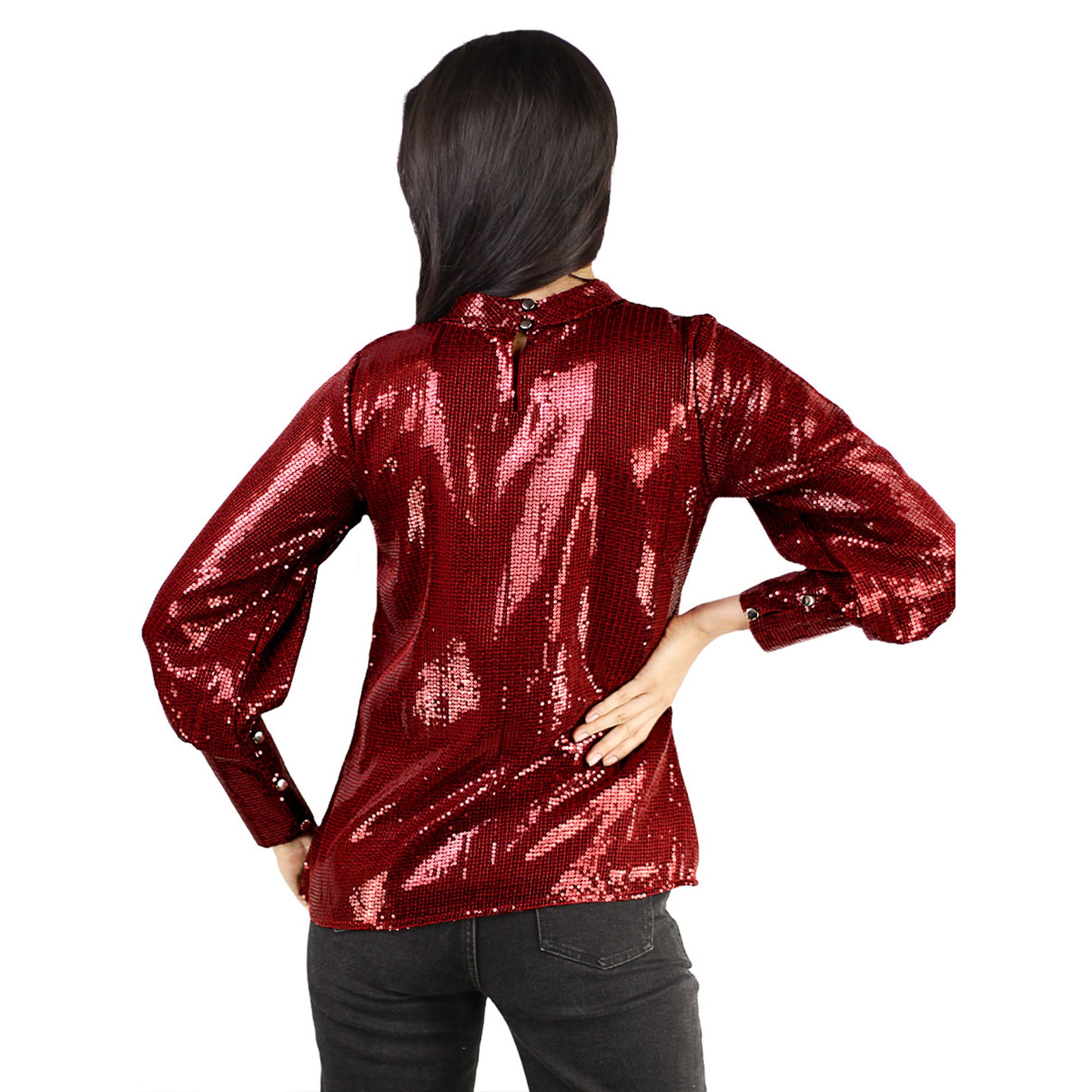 Artyska Women’s Metallic Sequin Long Sleeve Party Top – Shiny Mock Neck Blouse