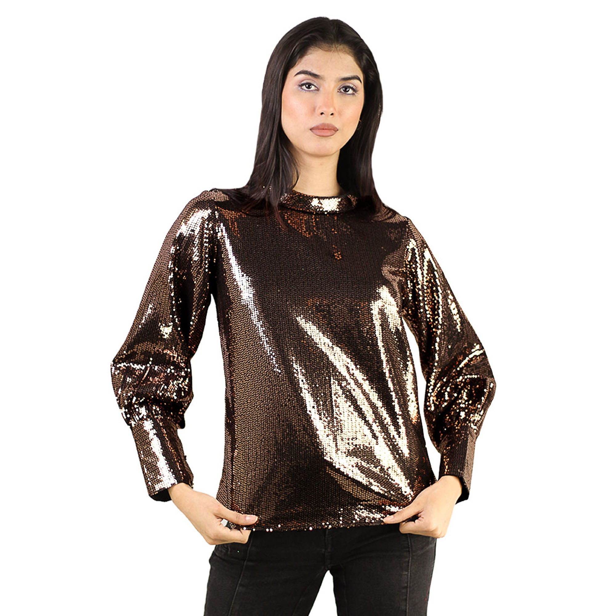 Artyska Women’s Metallic Sequin Long Sleeve Party Top – Shiny Mock Neck Blouse