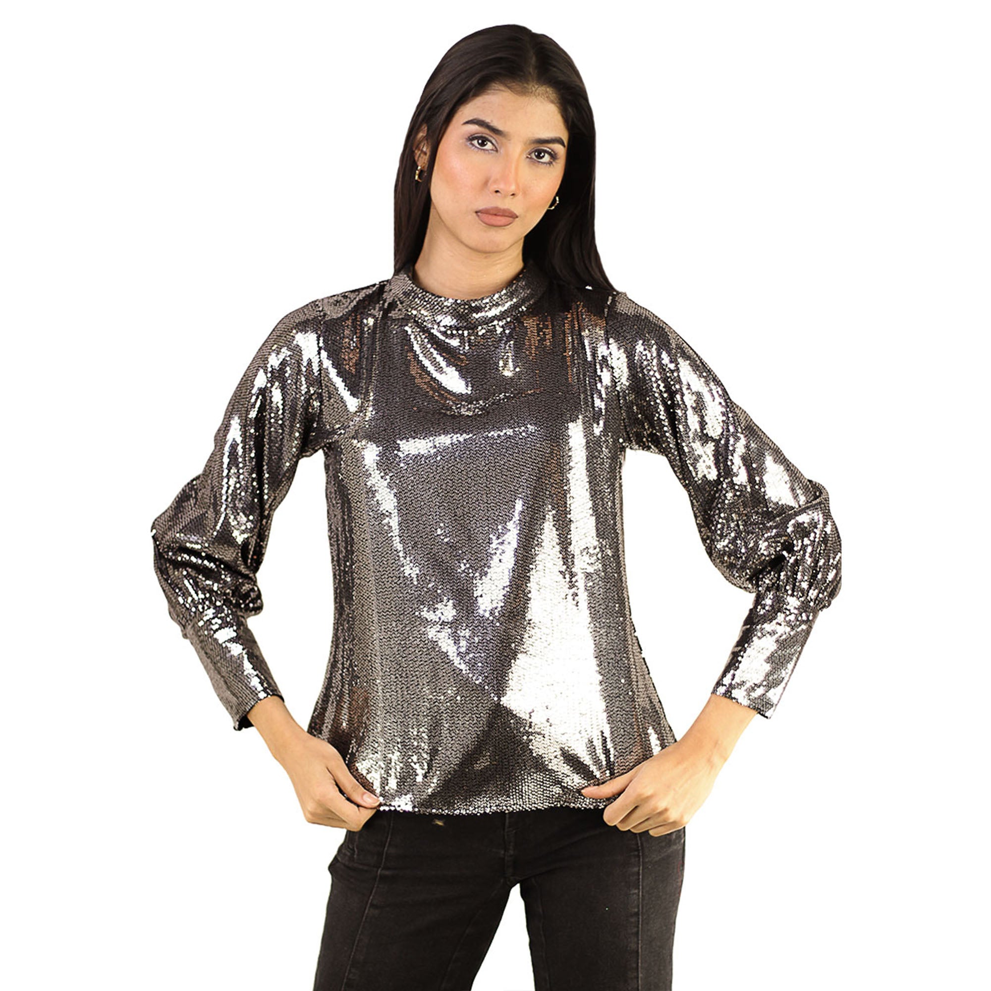 Artyska Women’s Metallic Sequin Long Sleeve Party Top – Shiny Mock Neck Blouse