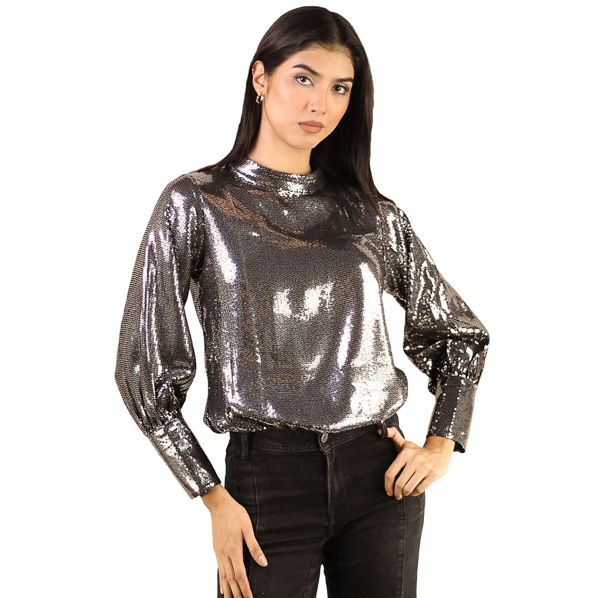 Artyska Women’s Metallic Sequin Long Sleeve Party Top – Shiny Mock Neck Blouse