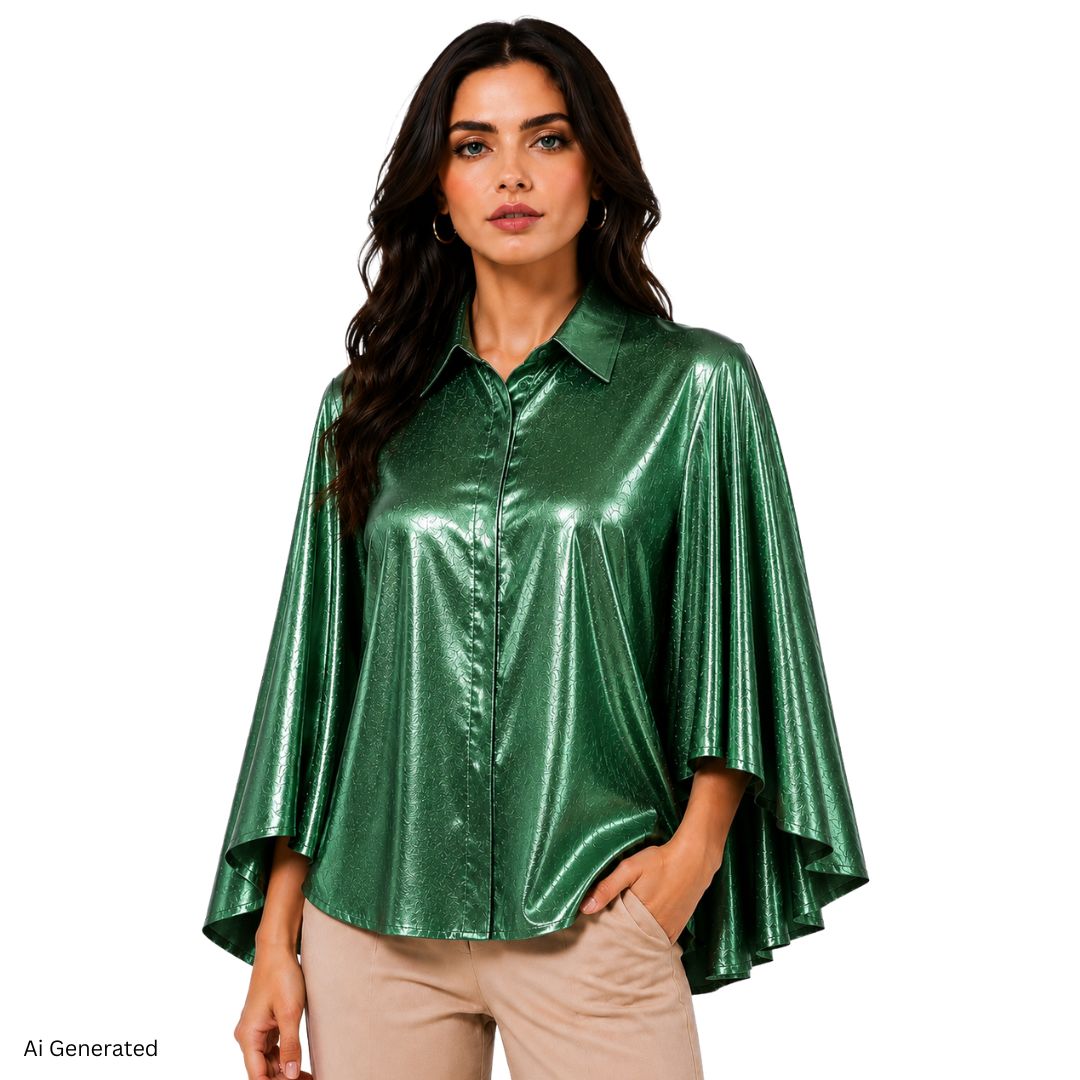 Artyska Women’s Metallic Jacquard Cape Sleeve Button Front Blouse