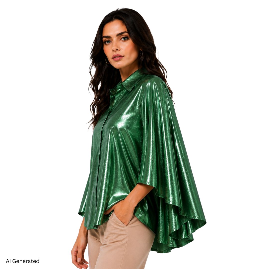 Artyska Women’s Metallic Jacquard Cape Sleeve Button Front Blouse