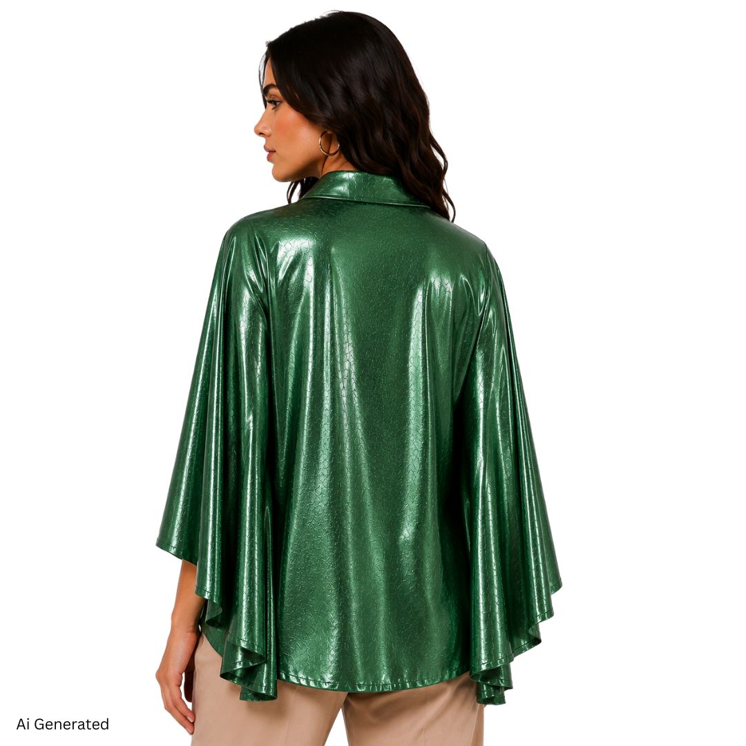 Artyska Women’s Metallic Jacquard Cape Sleeve Button Front Blouse
