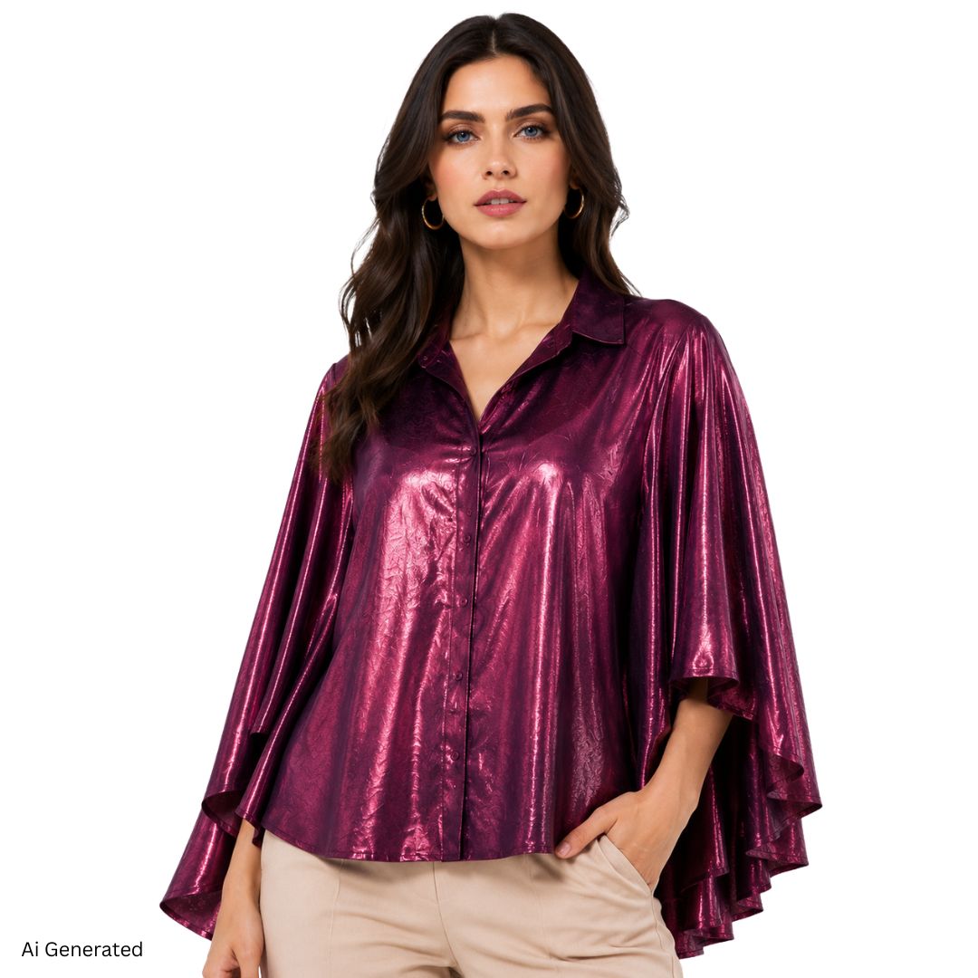 Artyska Women’s Metallic Jacquard Cape Sleeve Button Front Blouse